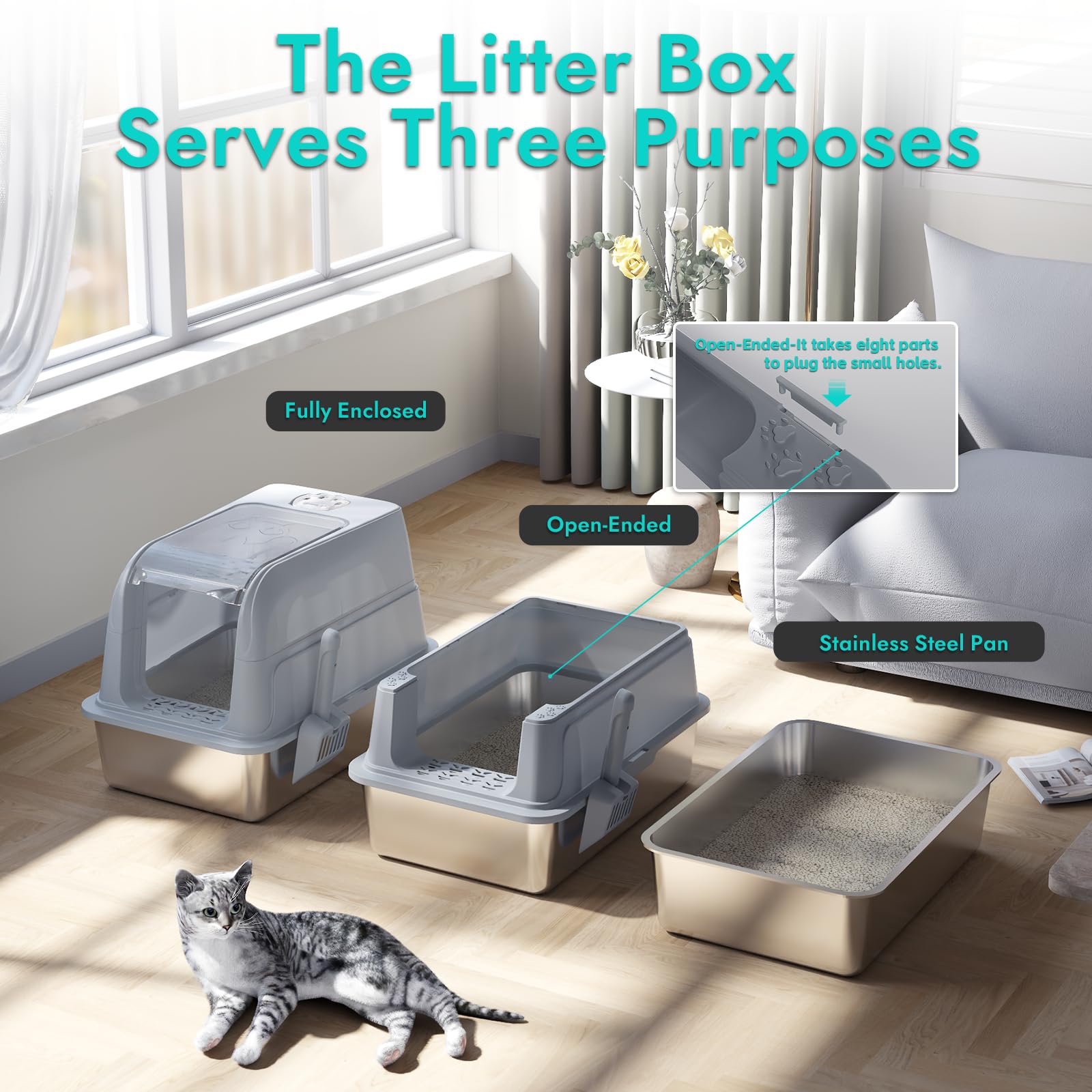 Extra Large Litter Box for Big Cats, Stainless Steel Cat Litter Box with High Side, Without Leakage and Stick, Includes Litter Scoop (Black) - image 7