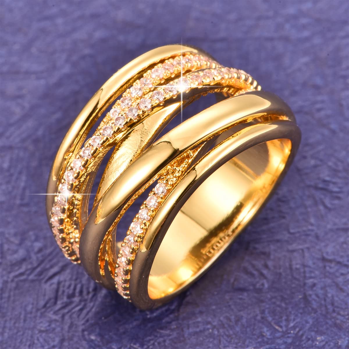 Emsione Gold Plated CZ Pave Interlocked Multi Row Anniversary Wedding Engagement Ring Band for Women Men Size 10