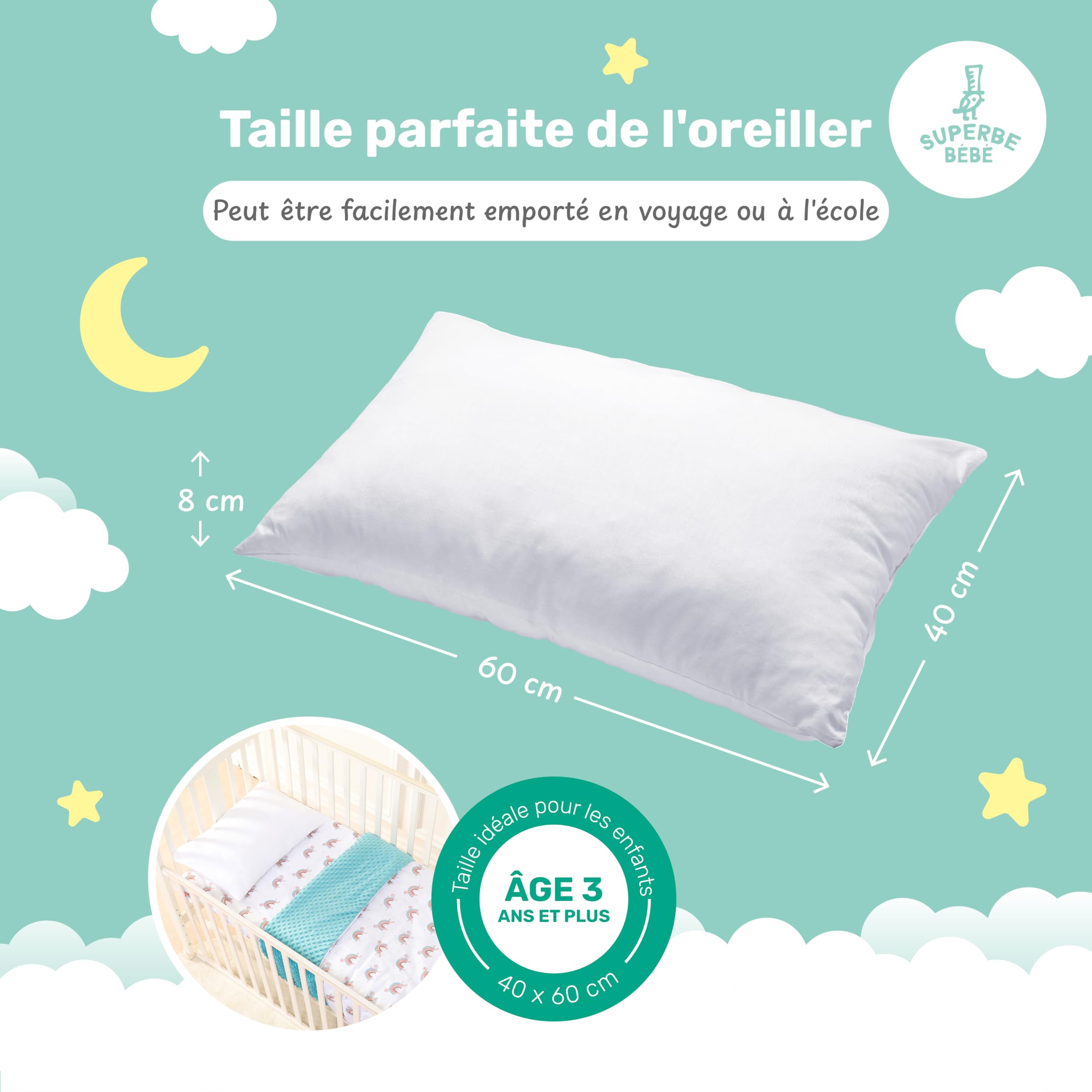 Oreiller Enfant 40x60 cm en Coton Oeko-TEX - Coussin pour Bebe et Enfant de 3 à 10 Ans - Coussin Bebe Idéal pour Siestes Ecole Maternelle et Voyages - Lavable en Machine - Hypoallergénique