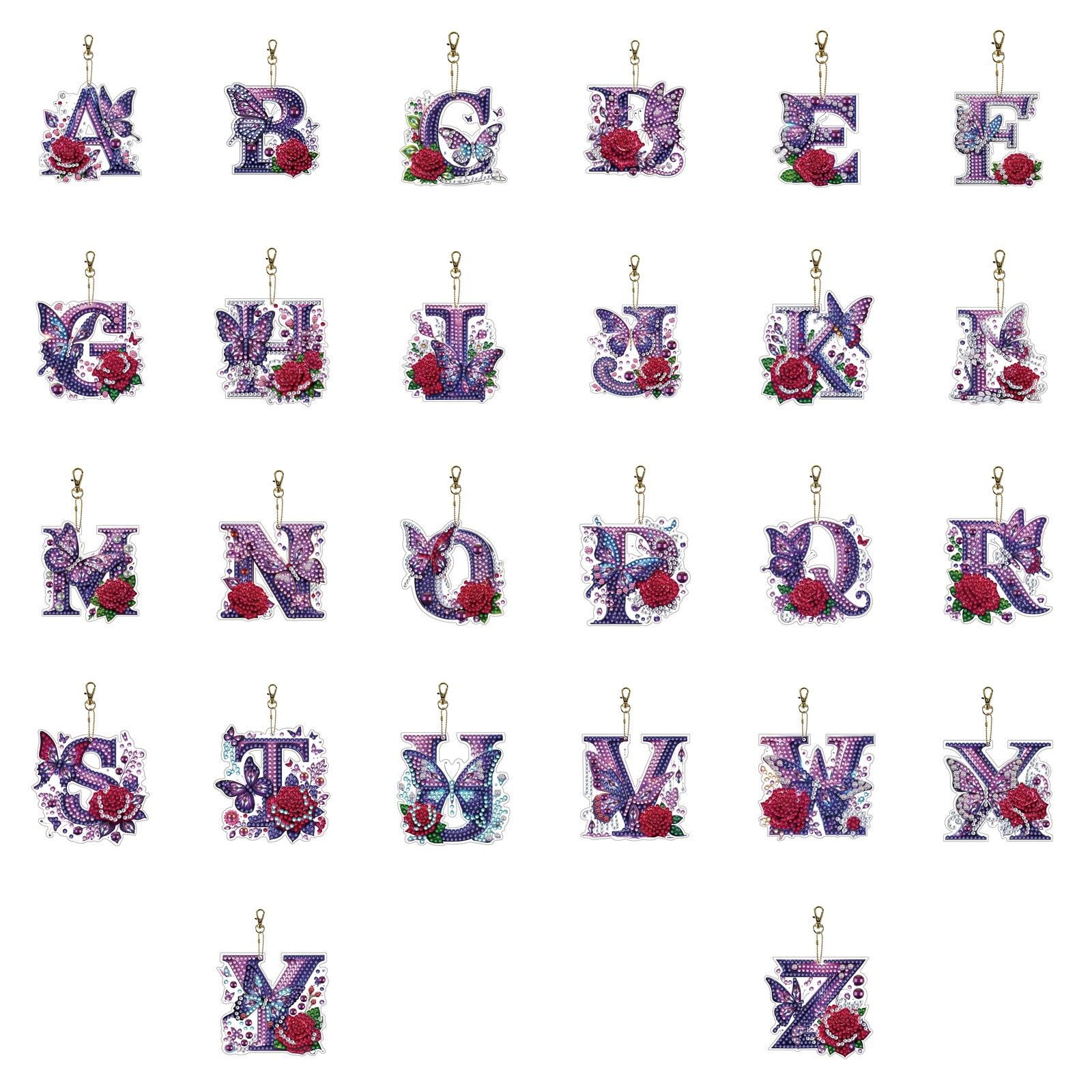 CustmArti DIY Diamond Art Painting Schlüsselanhänger Set aus Acryl mit Lila Schmetterling Motiv als Kreativer Taschenanhänger für Anfänger und Gemeinsame Familien Bastelstunden-26 Letters