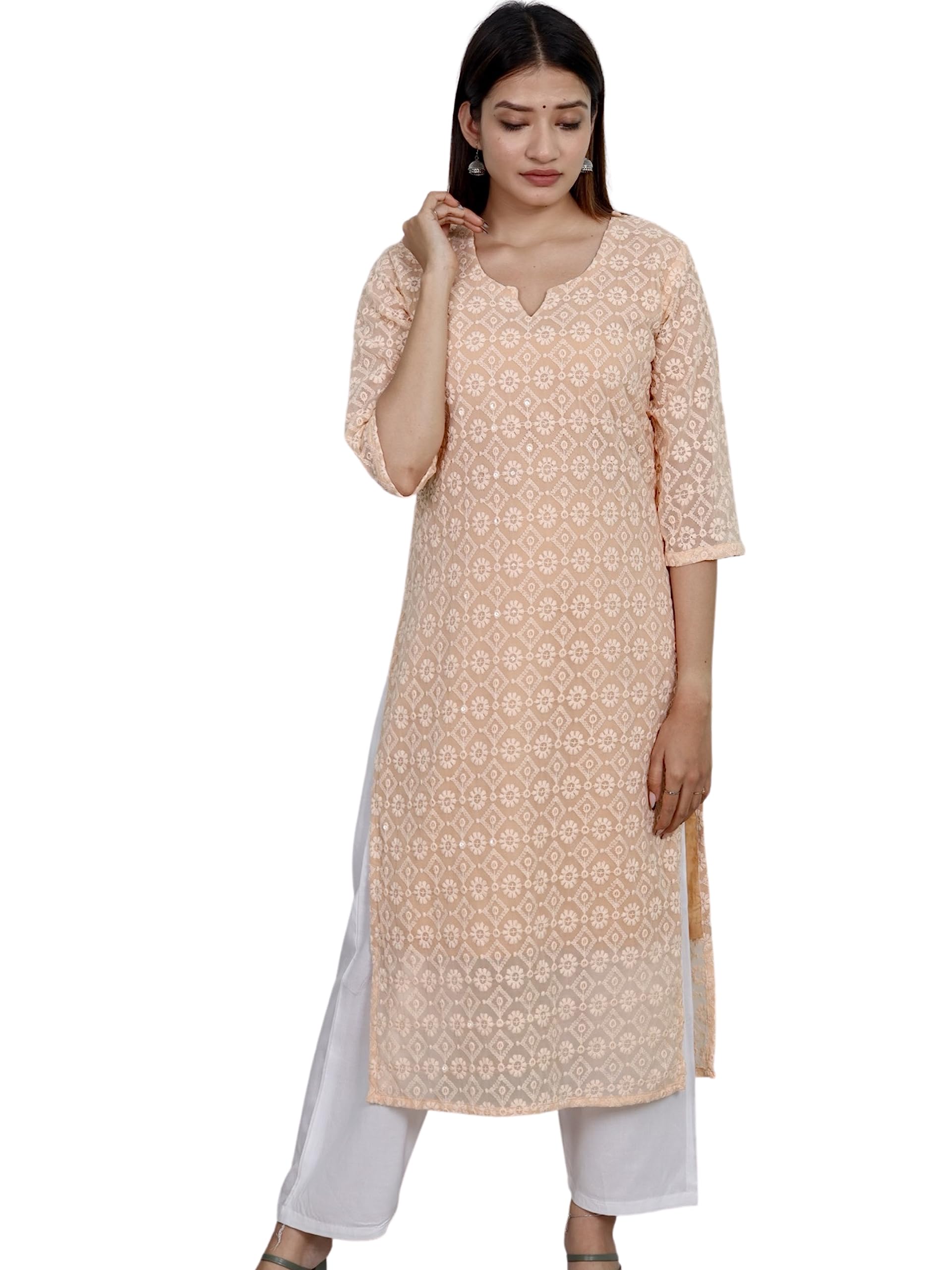 IndicraftPlus Size Chikan Embroidered Kurtis for Women Georgette Kurti Kurta with Attached Matching Slip