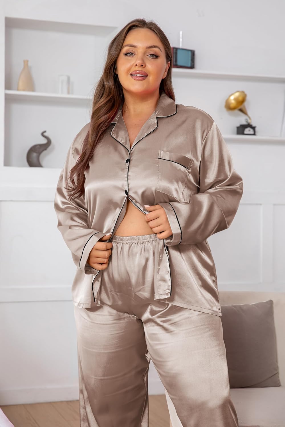 Vozanet Women's Plus Size Button Down Pajama Sets Satin Silky Long Sleeve Long Pants Sleepwear Loungewear Nighty XL to 5XL - Image 2