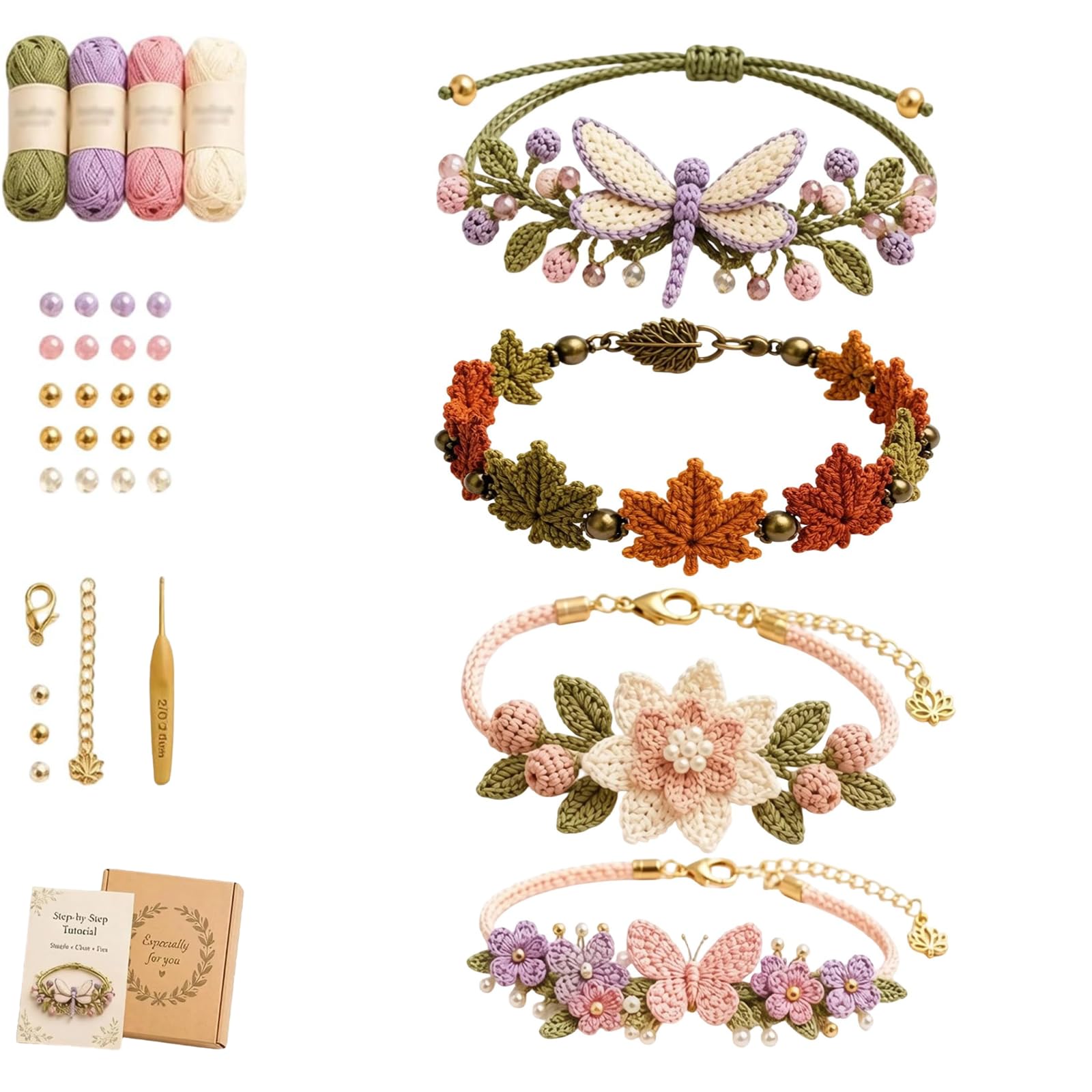 Generisch DIY-Set zum Häkeln von Armbändern, inspiriert von der Natur, kreatives Schmuck- und Bastelprojekt, inklusive Garn, Perlen, Perlen und Häkelnadel, für Freunde, Verliebte und Anfänger (#ALL)