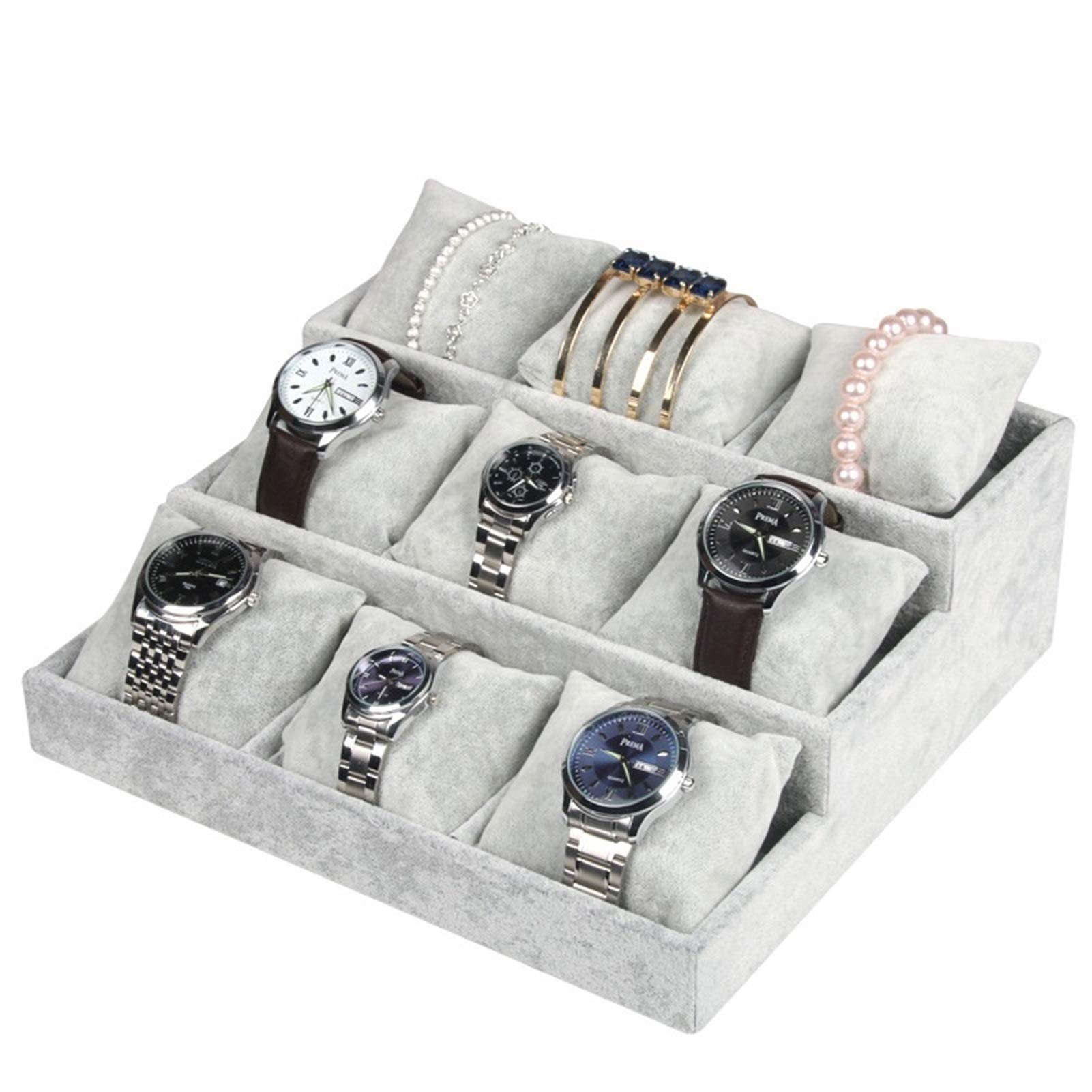 Uhrenbox, 3-stufiger Uhren-Organizer für die Vitrine, Schublade, 9 Fächer, Aufbewahrung von Schmuck, Ständer, Vitrine, Schmuckaufbewahrung, Theke, Uhrenetui aus Eisvliesstoff (Farbe: Grauer Eissamt)