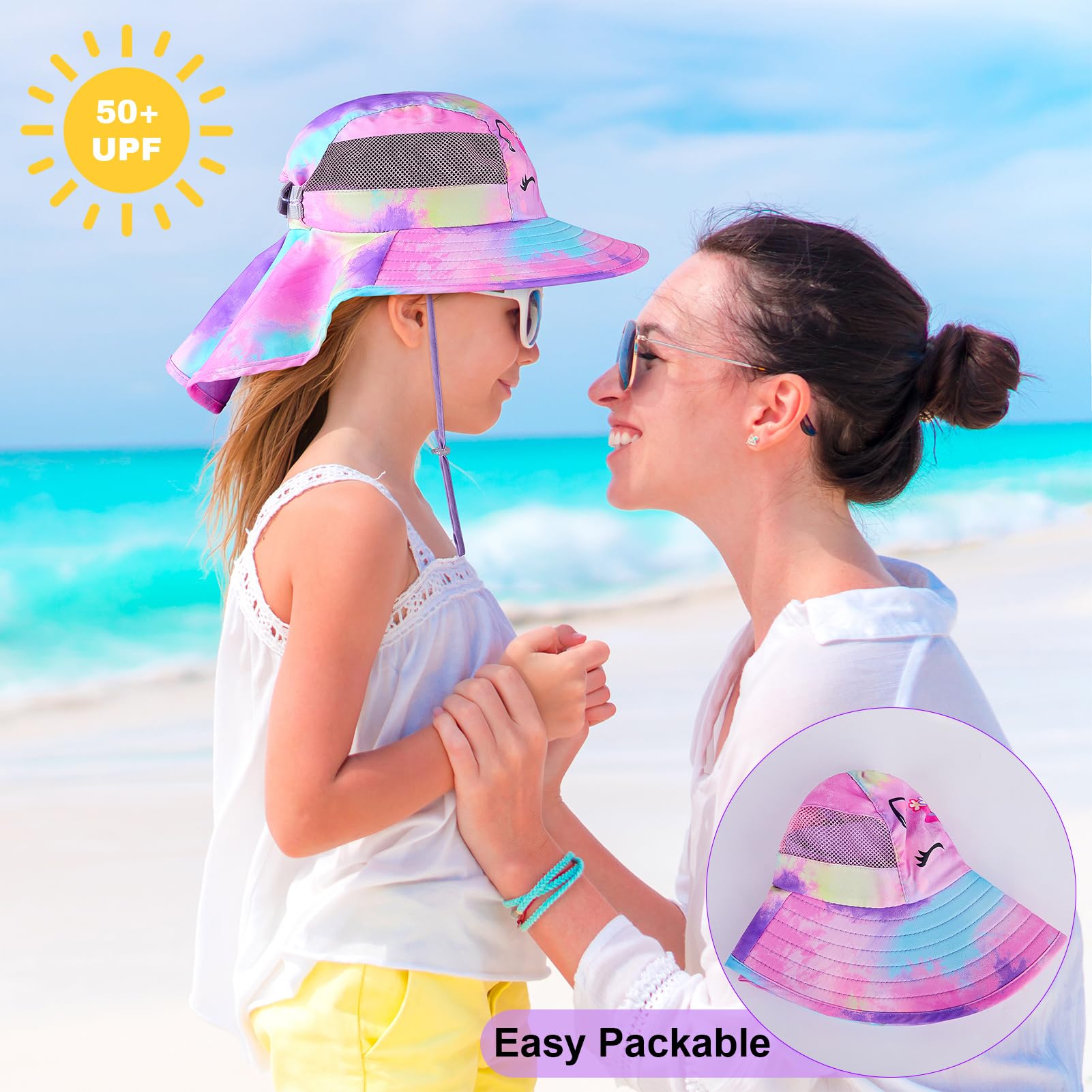 MHJY Kids Sun Hat Girls UV Protection Summer Hats Adjustable Beach Cap Unicorn Bucket Hats with Wide Brim Neck Flap for Toddlers 2-9 Years — view 3