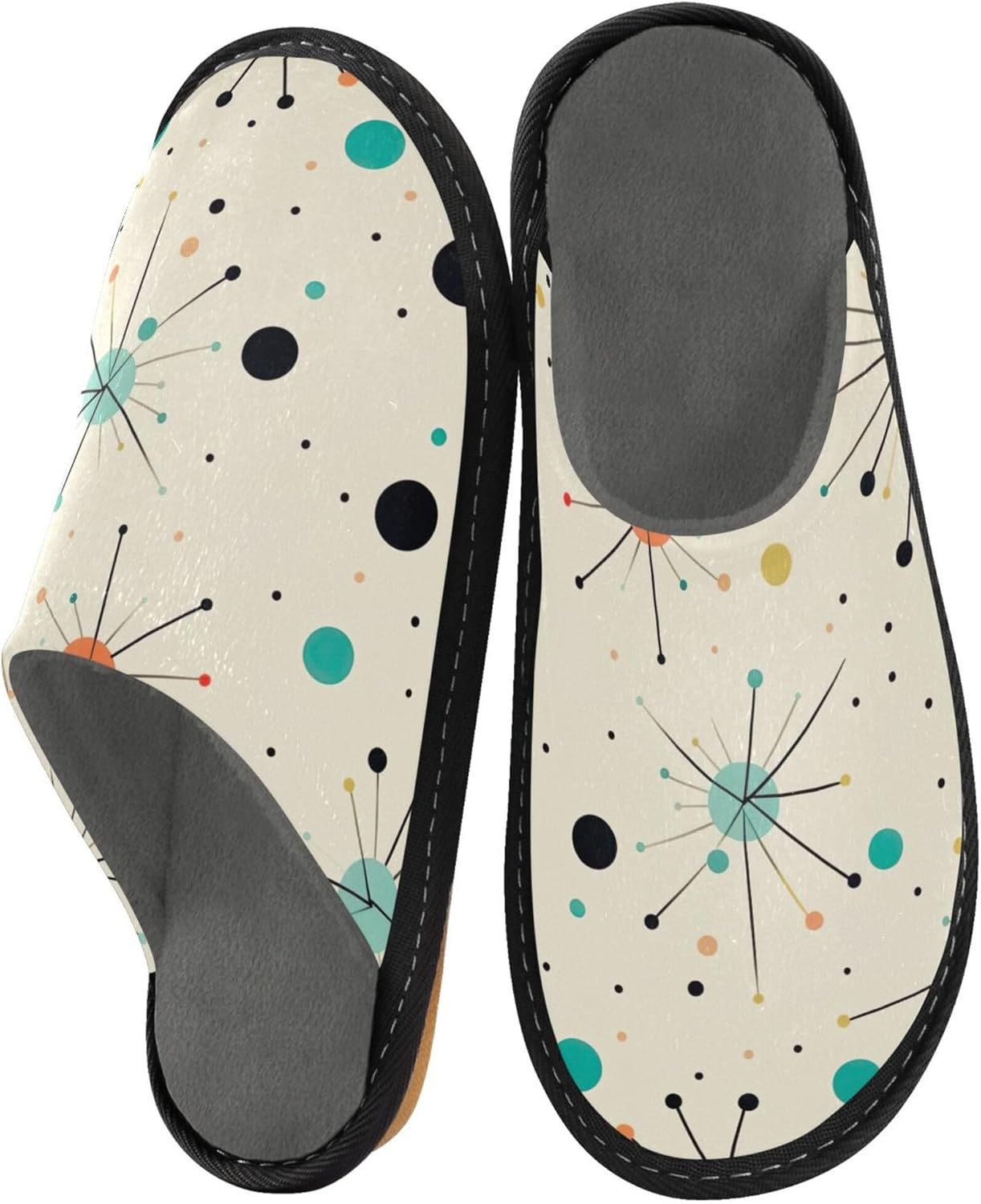 Retro Atomic Stars House Slippers – Cozy Fuzzy Slippers for Guests, Washable & Disposable, Perfect for Shoeless Home, Spa & Hotel Use A110184