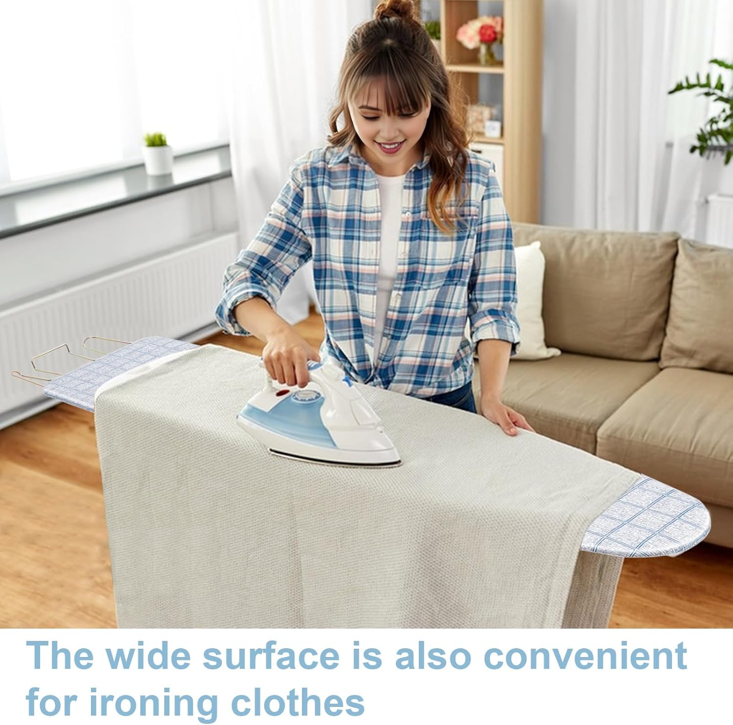 Ironing Board, Full-Size Foldable Ironing Board, Foldable Household Iron Board, Extended Iron Board Outside with Heat-Resistant Cover (42 inch, Blue Plaid Pattern) Blue