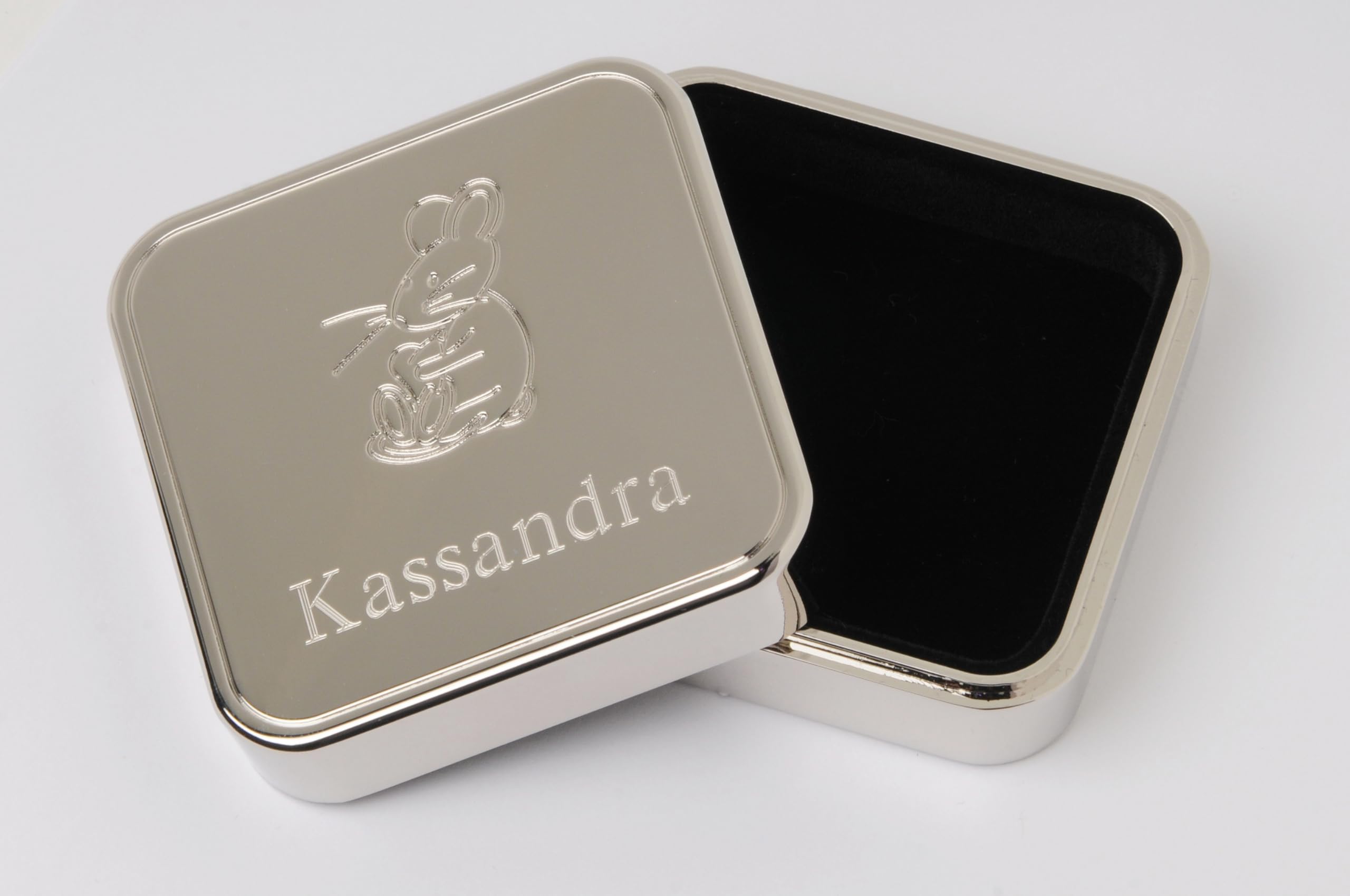 Caja de dientes de leche personalizada de metal plateado, grabado con nombre pequeño, 6 x 6 x 2,5 cm