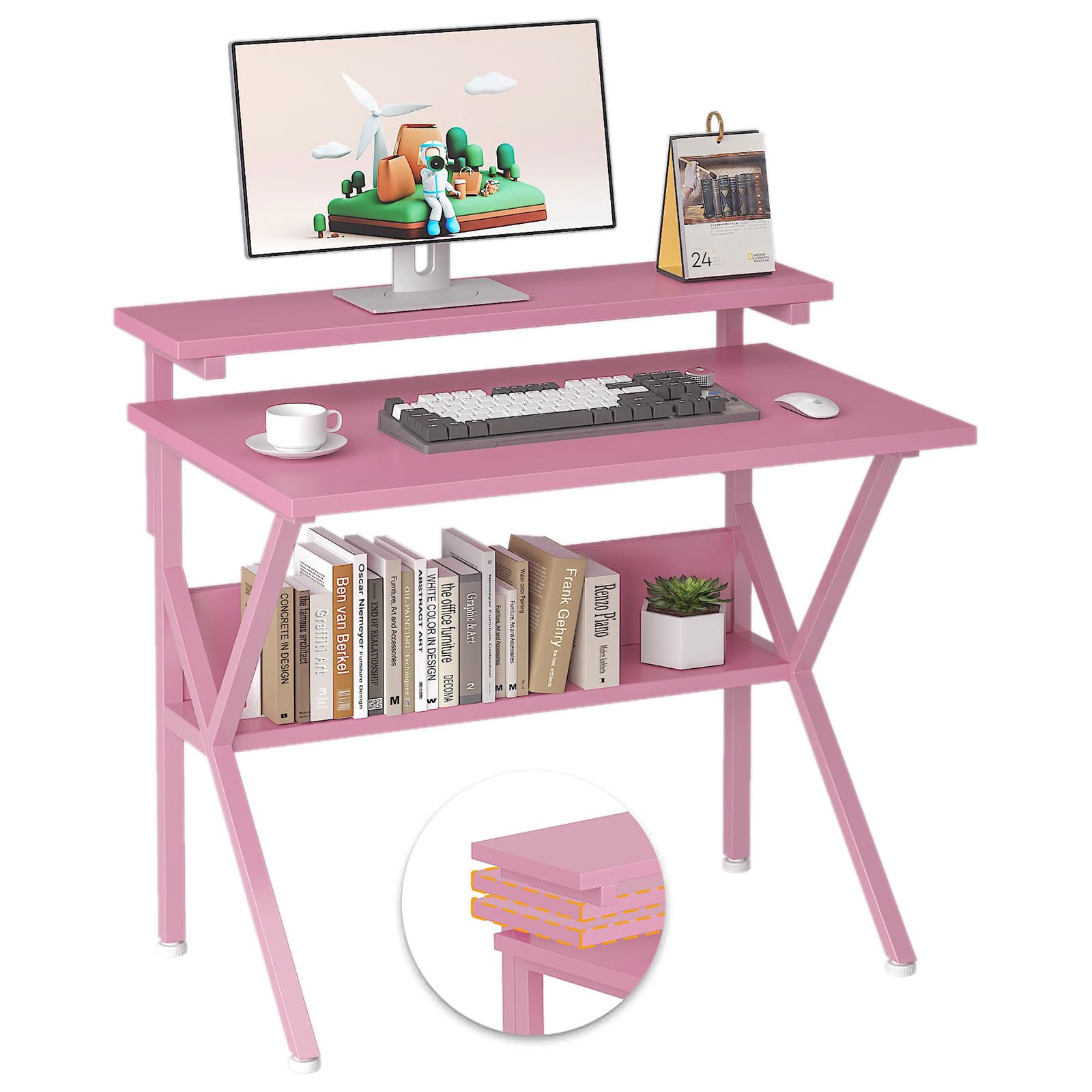 CAIYUN Escritorio Pequeña, 70x48cm Mesa de Estudio de Ordenador con Pies Ajustables Mesa de Escritura de Ordenador para Oficina, Dormitorio, Rosa