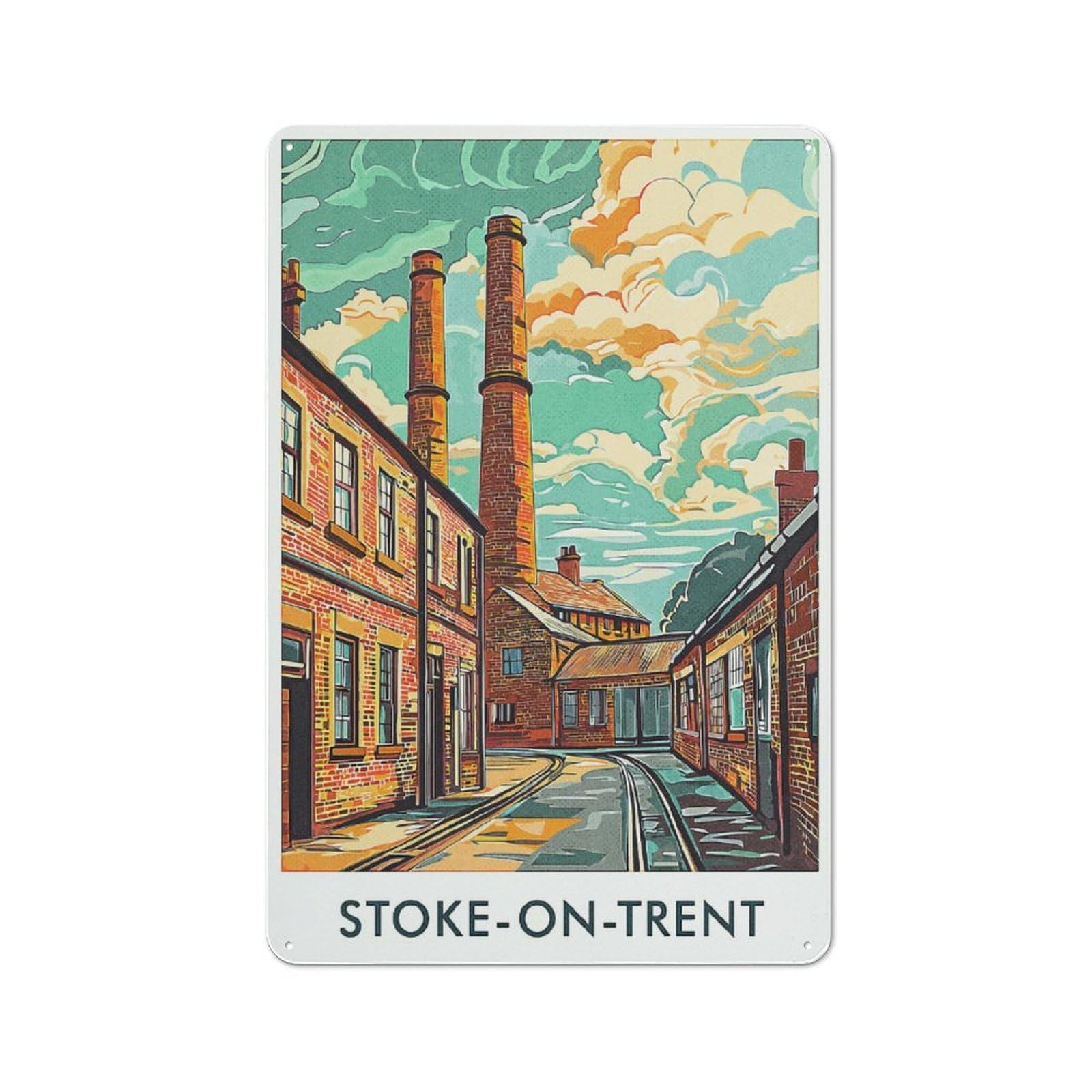 Junmoney Style-2 Stoke-On-Trent Cityscape Printed Metal Sign 30X20cm For Lounge Or Reading Corner, A Winter Wall Decor Update For Reading Corner Decorators