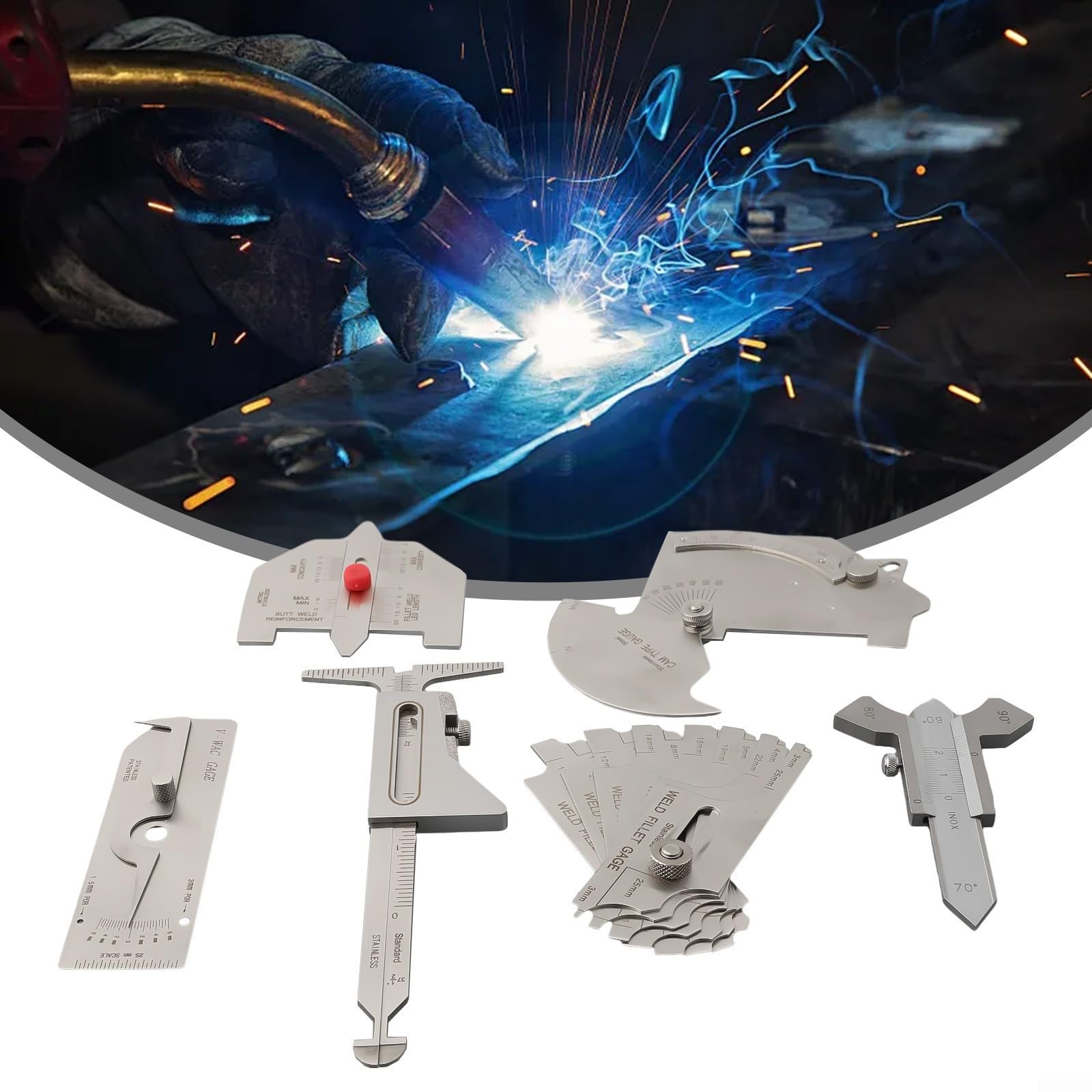 6Pcs Stainless Steel Welding Gauge Set, Welding Inspection Gauge MG-8 MG-11 V-WAC Adjustable Fillet Weld Gage For combo Measuring Tool Kits