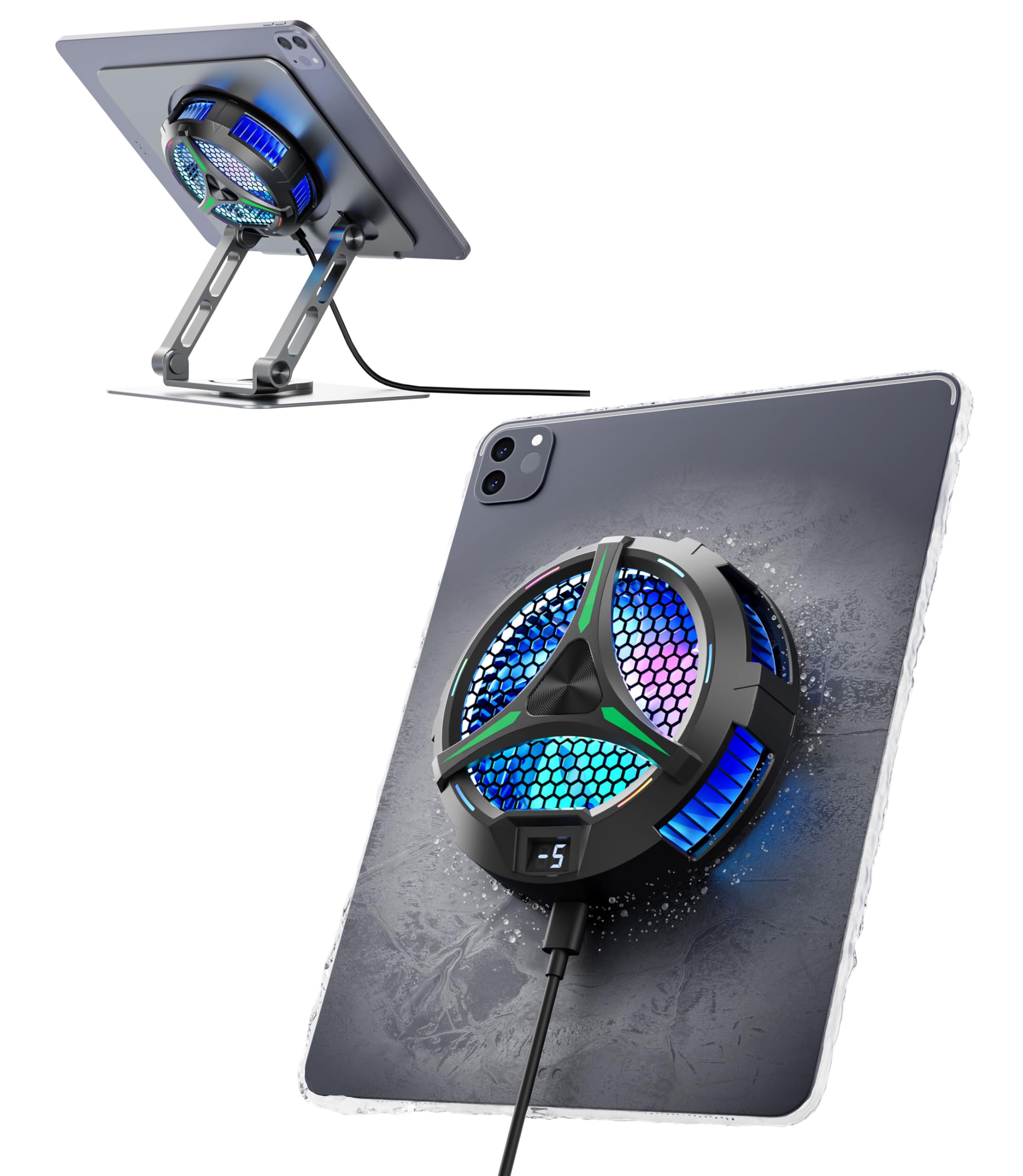 Magnetic Cooler for iPad,Tablet Cooler for ipad/Surface pro/Samsung Tab,Universal Radiator with Temperature Display for Mobile Gaming,Tiktok Live Streaming(Including Tablet Stand Holder)
