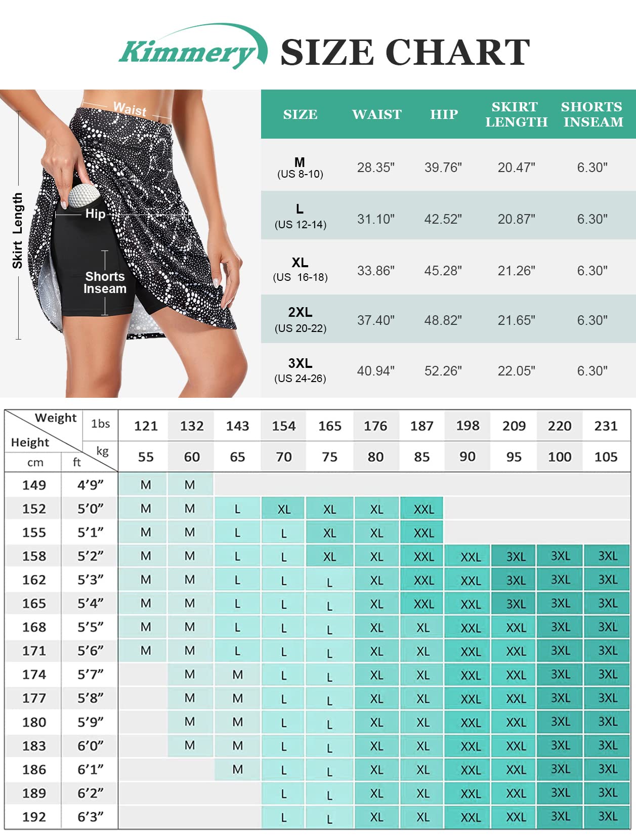 Kimmery Jupes de golf pour femmes - Longueur genou de 50,8 cm - Jupes avec 3 poches - Ourlet fendu - Jupes athlétiques - Tailles M-3XL