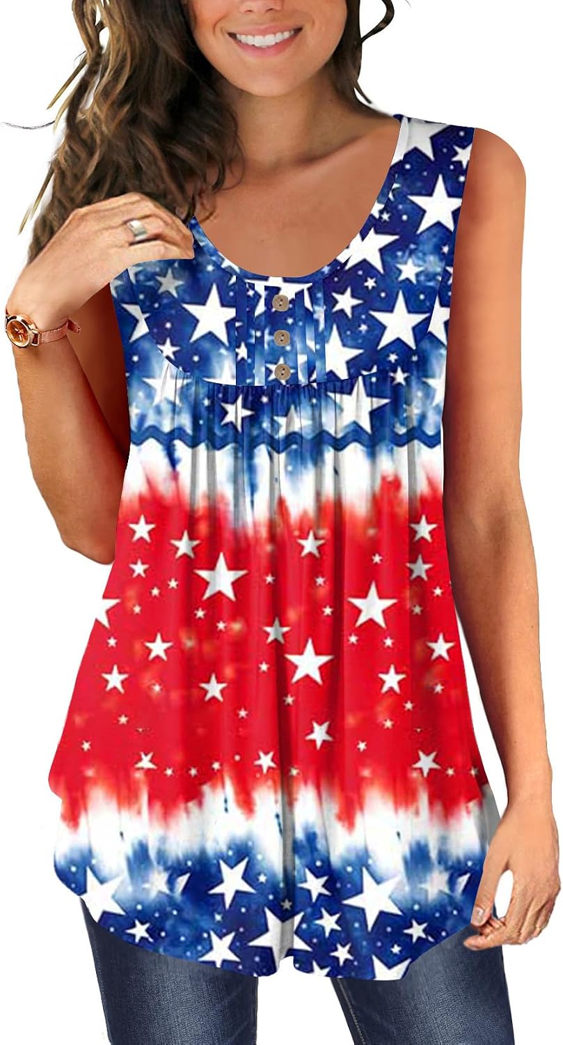 BeadChica Plus Size 4th of July Tank Tops for Women American Flag Patriotic Sleeveless Casual Shirts Summer Tunic Tops