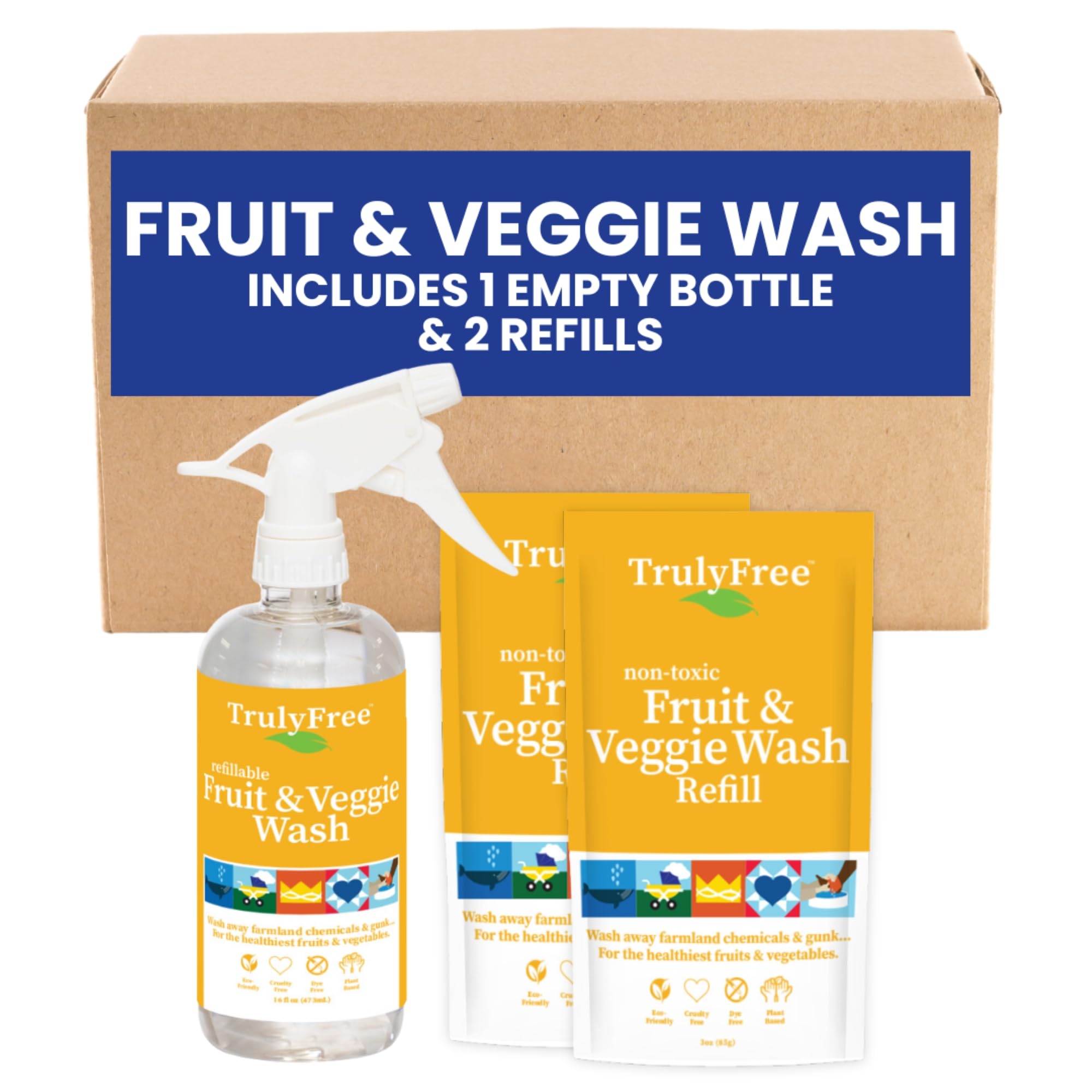 Truly Free Natural Fruit and Veggie Wash Kit - Produce Cleaner Spray (16oz Reusable Empty Bottle + Two Pouches, 3oz ea.) - DIY Vegetable Washer & Fruit Cleanser