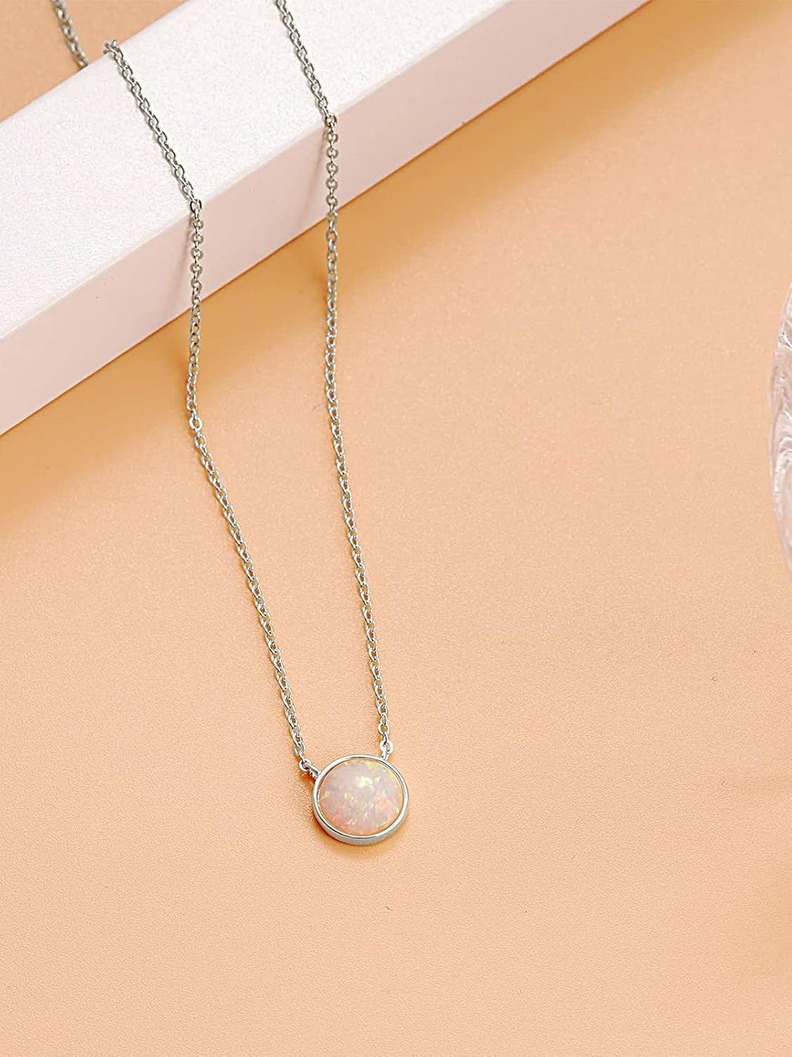 TANGPOET Dainty 8mm Opal Necklace for Women 925 Sterling Silver Circle Pendant Necklace Lab Created Opal Jewelry Gift for Birthday with 18"+2" Chain - Image 3