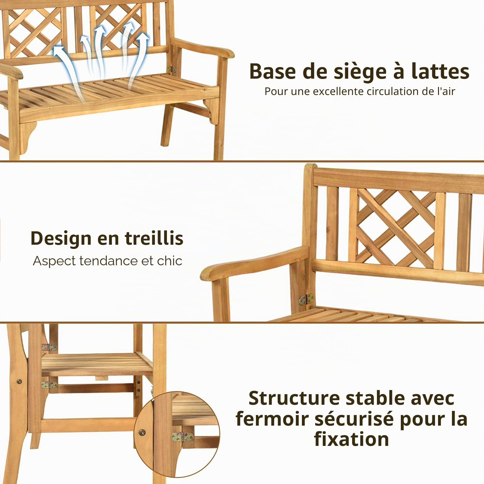 Giantex Banc de Jardin Pliable en Bois d'acacia - 2 Places - Banc de terrasse - Charge maximale : 320 kg - Banc en Bois avec Dossier et accoudoirs - Style Rustique - Couleur Bois Naturel
