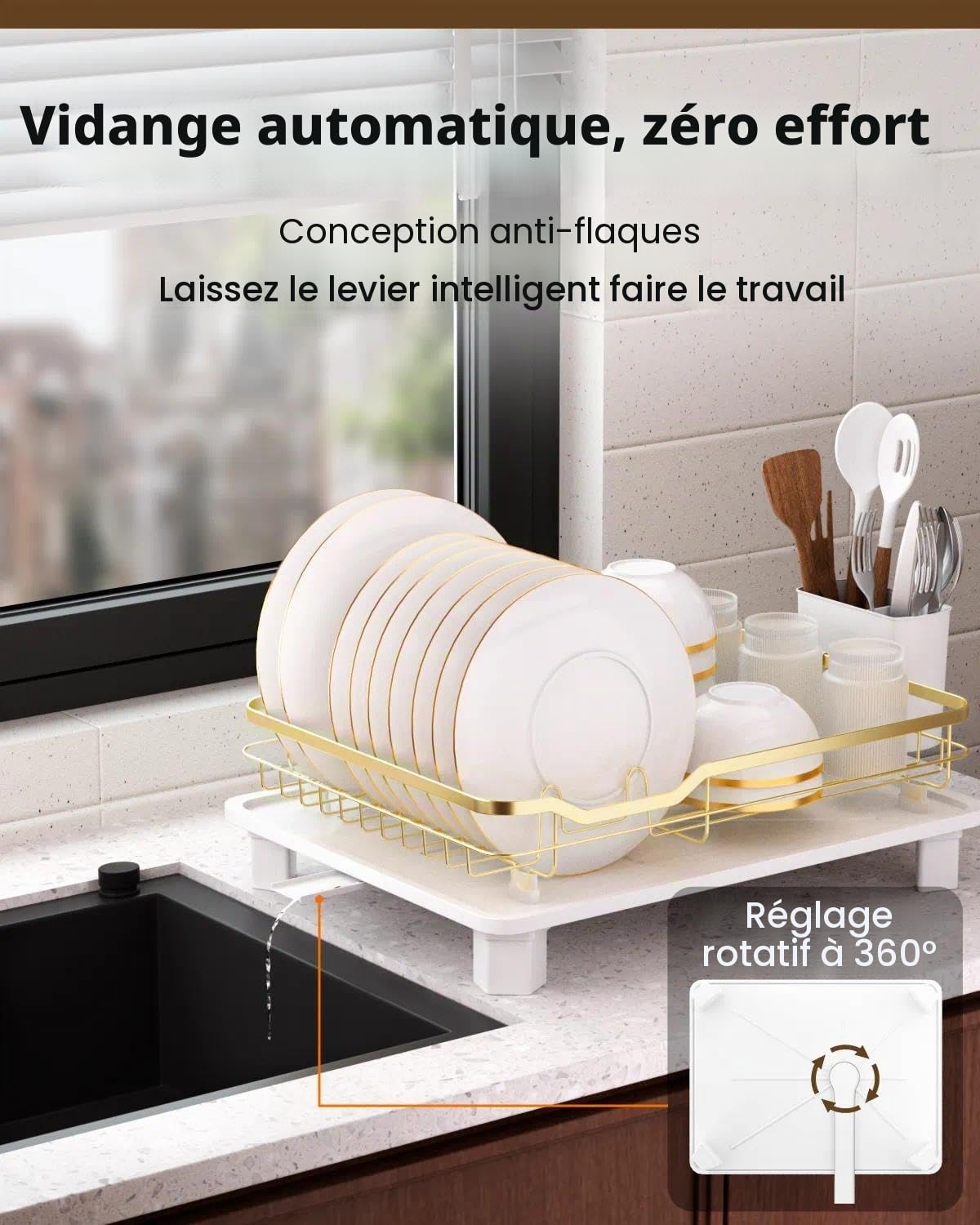 APPASO Égouttoir à vaisselle doré, antirouille avec porte-couverts et base auto-drainante, pieds antidérapants et assemblage facile – Égouttoir à ustensiles peu encombrant pour comptoir de cuisine