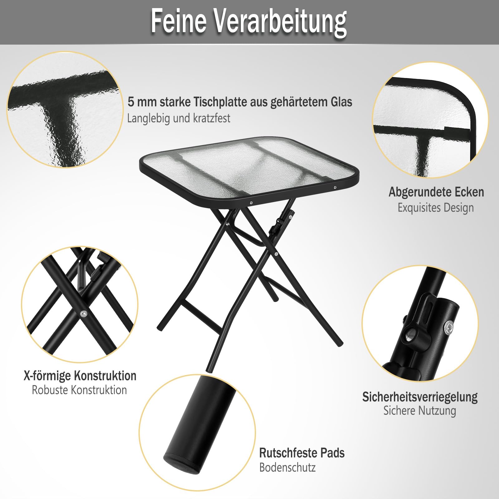 eSituro Klapptisch, Beistelltisch klappbar, Balkontisch Campingtisch Gartentisch Bistrotisch, mit Metallrahmen, rechteckige Tischplatte aus gehärtetem Glas, 46x46x48cm, Schwarz+transparent