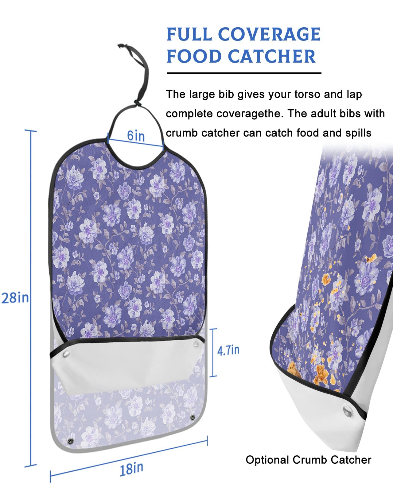 Kewadony Adult Bibs for Elderly Women - Spring Florals Waterproof Dining Clothing Protectors with Crumb Catcher for Eating/Feeding, Vintage Summer Purple Flowers Terry Cloth Bib Machine Washable