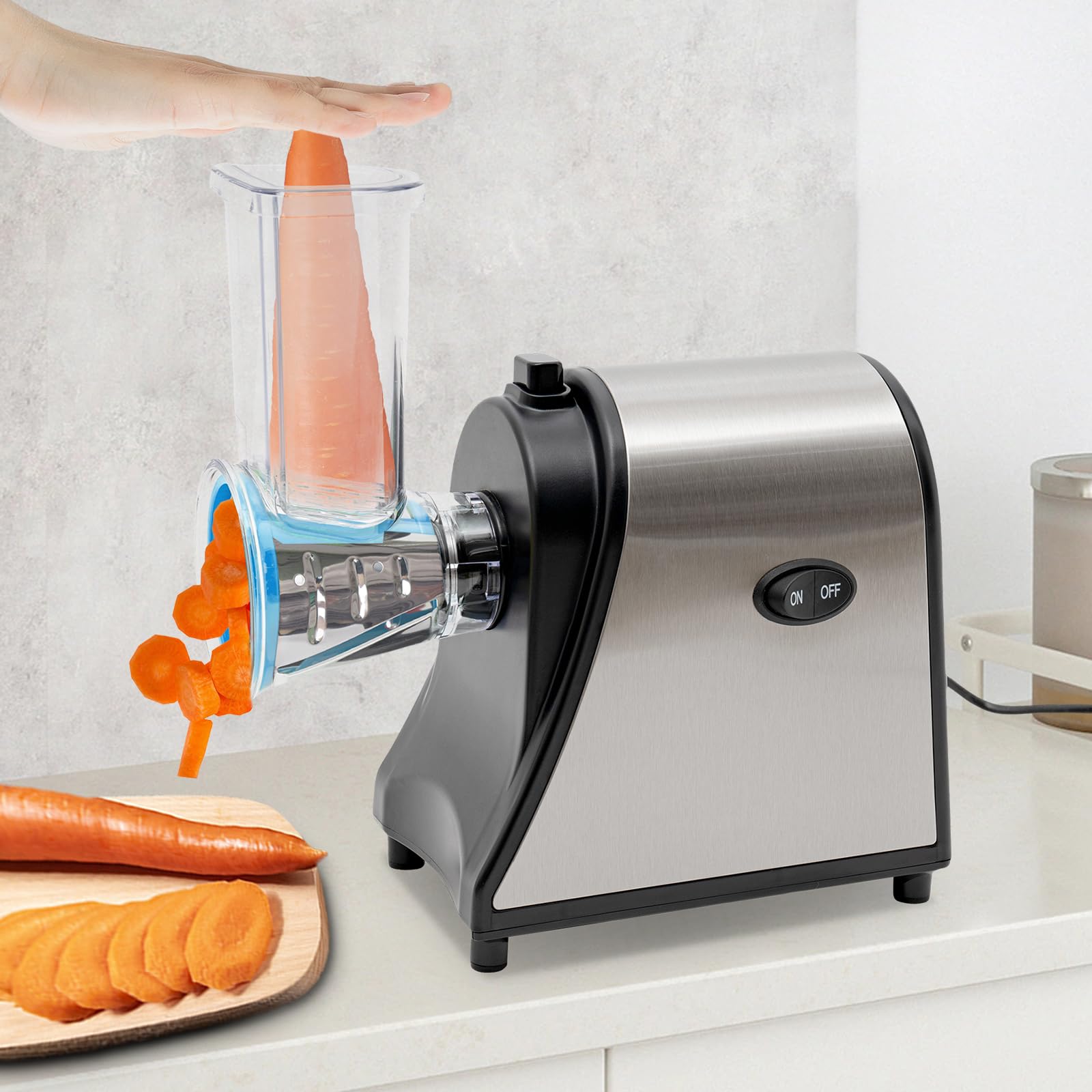 Cortador eléctrico de verduras con 5 cuchillas cónicas, rallador de verduras para verduras, acero inoxidable y plástico para frutas, verduras, zanahorias, pepinos