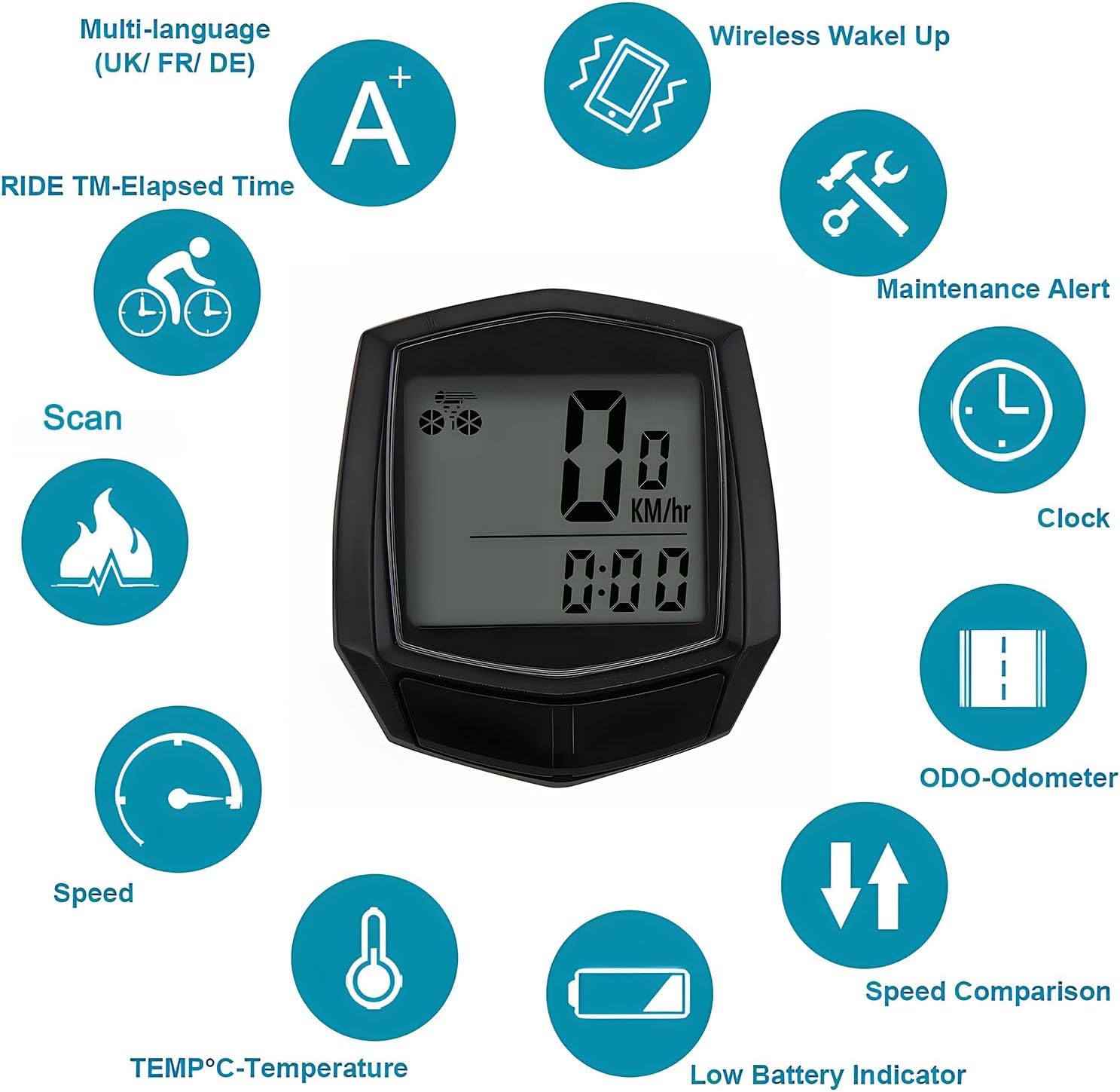 Diagram showing the various functions and indicators on the bike computer's LCD display, including speed, odometer, clock, temperature, and battery.