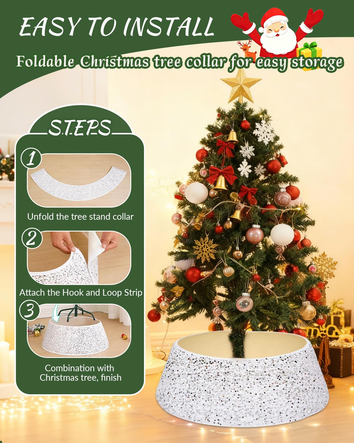 Odot Copri Base Albero Natale, Bianca Glitter Copri Albero di Natale Base, Christmat Tree Skirt Per Decorazioni Per Feste A Casa Vacanza(40 X 60 X 20 cm)