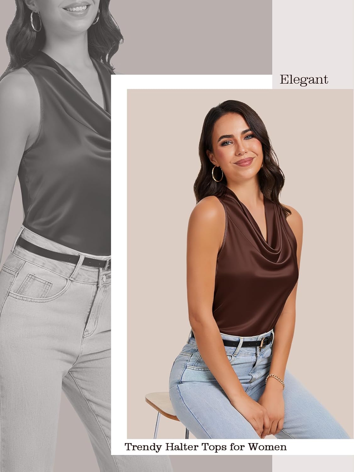 Cowl Neck Halter Tops for Women Silk Satin Going Out Tank Top Trendy Summer Camisole Business Casual Blouses Outfits - Image 2