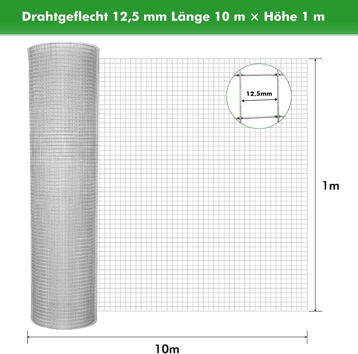 Drahtgitter Feinmaschig, 1m x 10m Wühlmausgitter für Hochbeet, Verzinkter Draht 0,7mm Dicke, Maschenweite 12x12mm, Hasendraht Volierendraht Kaninchendraht Hühnerdraht Garten