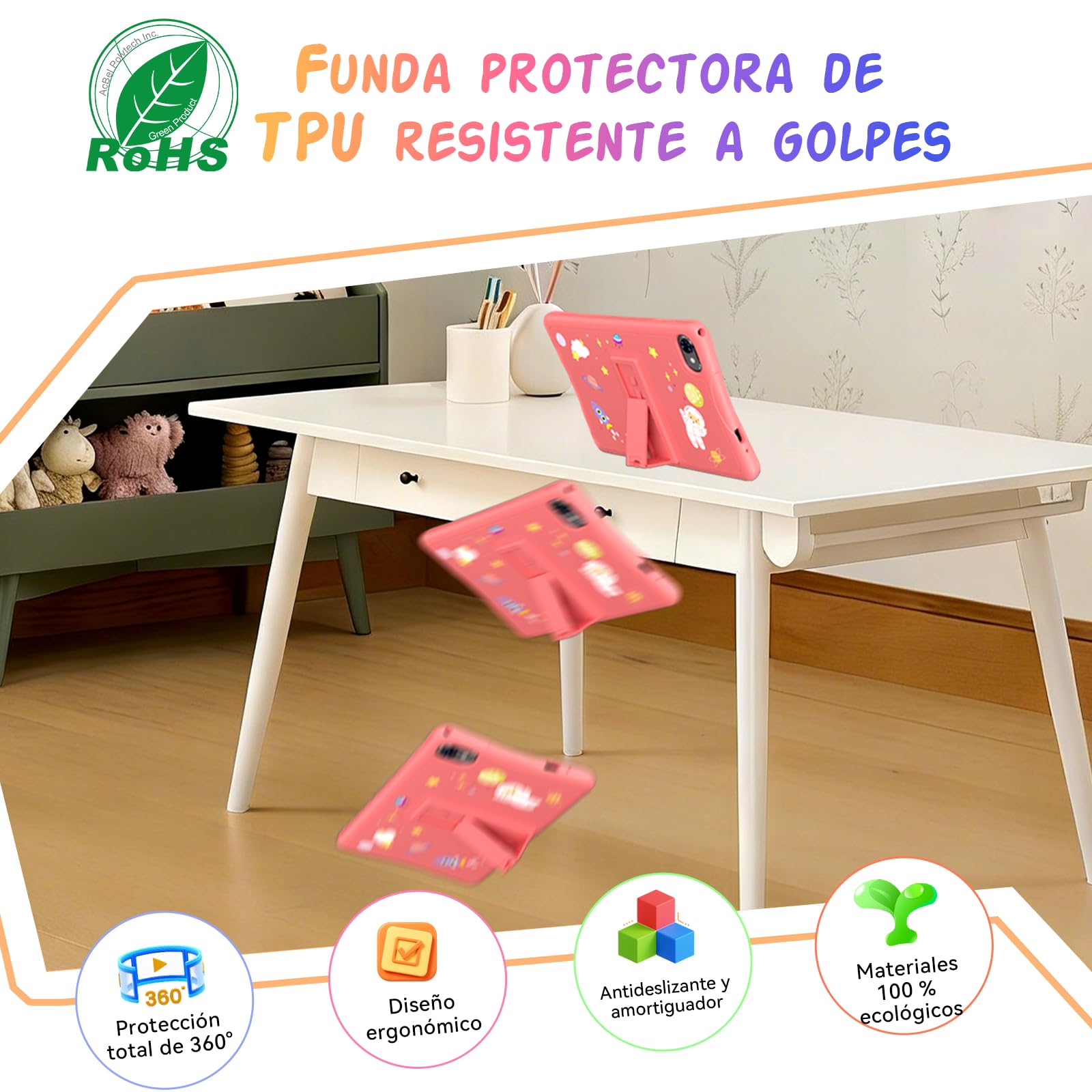 Tablet para Niños 10 Pulgadas, Android 16 Tablet para Niños de 3 a 12 Años, 16GB RAM 64GB ROM/2TB TF, Controles Parentales, GMS, WiFi6, Tablet Infantil con Funda Anticaídas y Lápiz, Garantía de 4 años