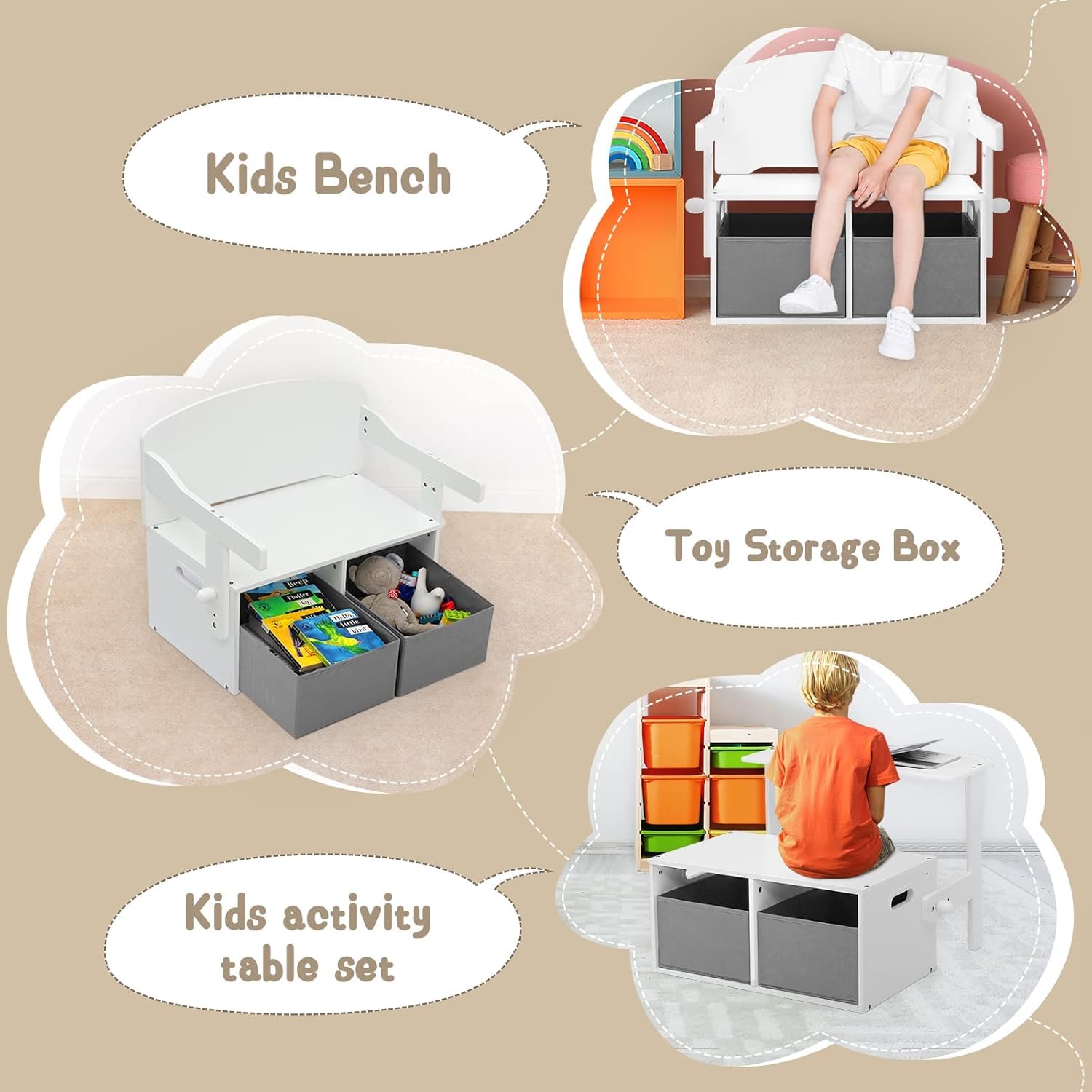 Lestarain Kindertisch mit Sitzbank, Weiß + Grau