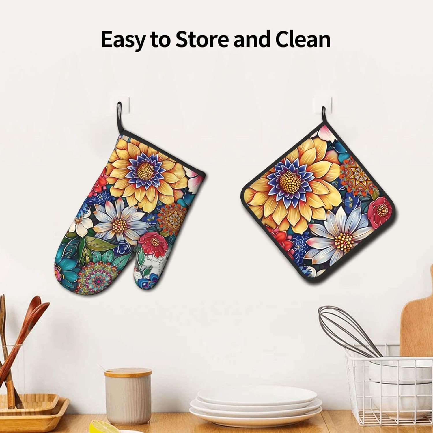 Boho Floral Oven Mitts and Pot Holders Sets Vintage Flower Oven Gloves Heat Resistant Colorful Kitchen Mitts Hot Pads Two Piece Set Kitchen Decor for Women Cooking Baking Grilling BBQ - Image 6