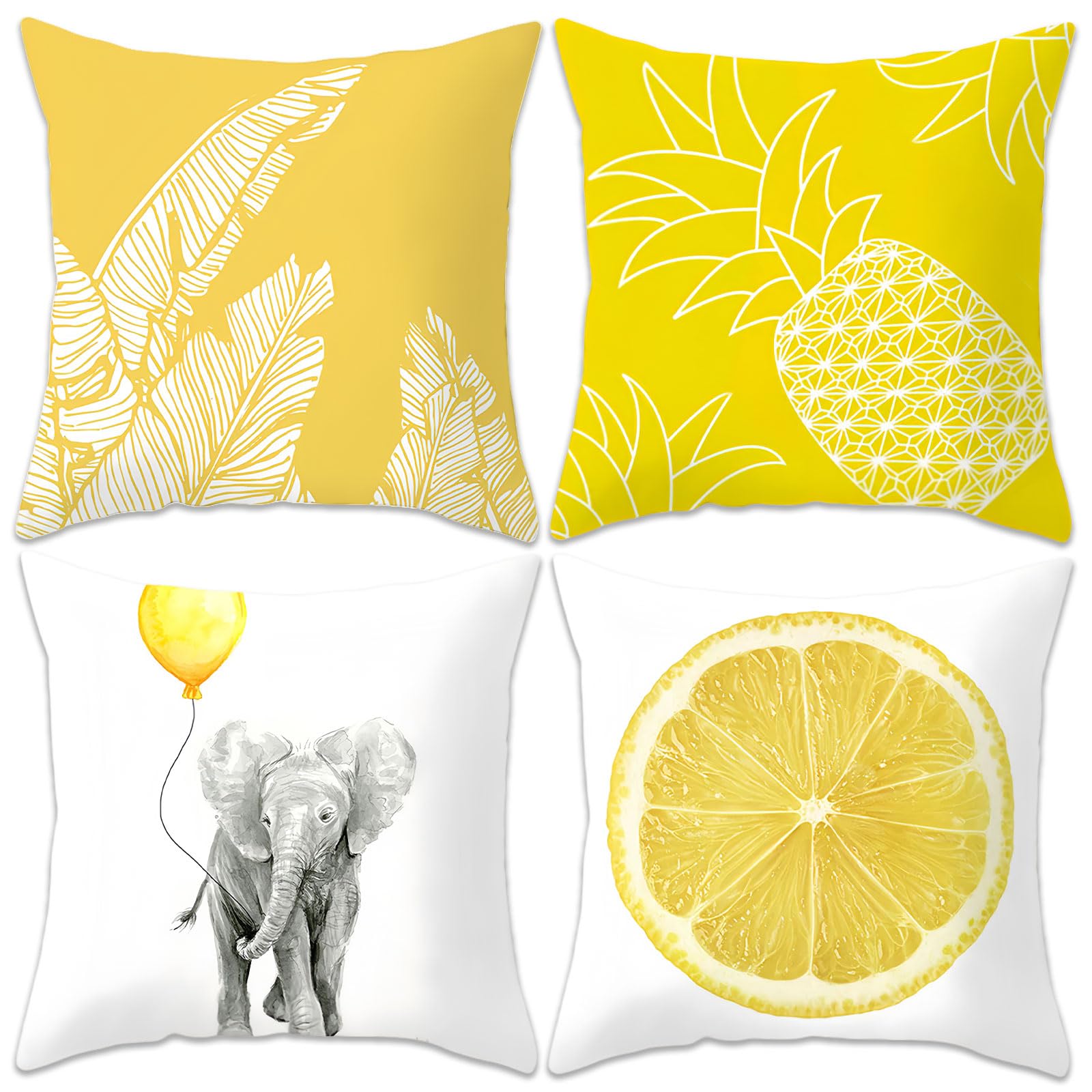 Betadistor Yellow Cushion Covers 45 x 45cm Set of 4 Square Pillow Covers 18 x18 Leaf Fruit Cushion Case Throw Pillow Case for Sofa Bedroom Living Room Decor Yellow