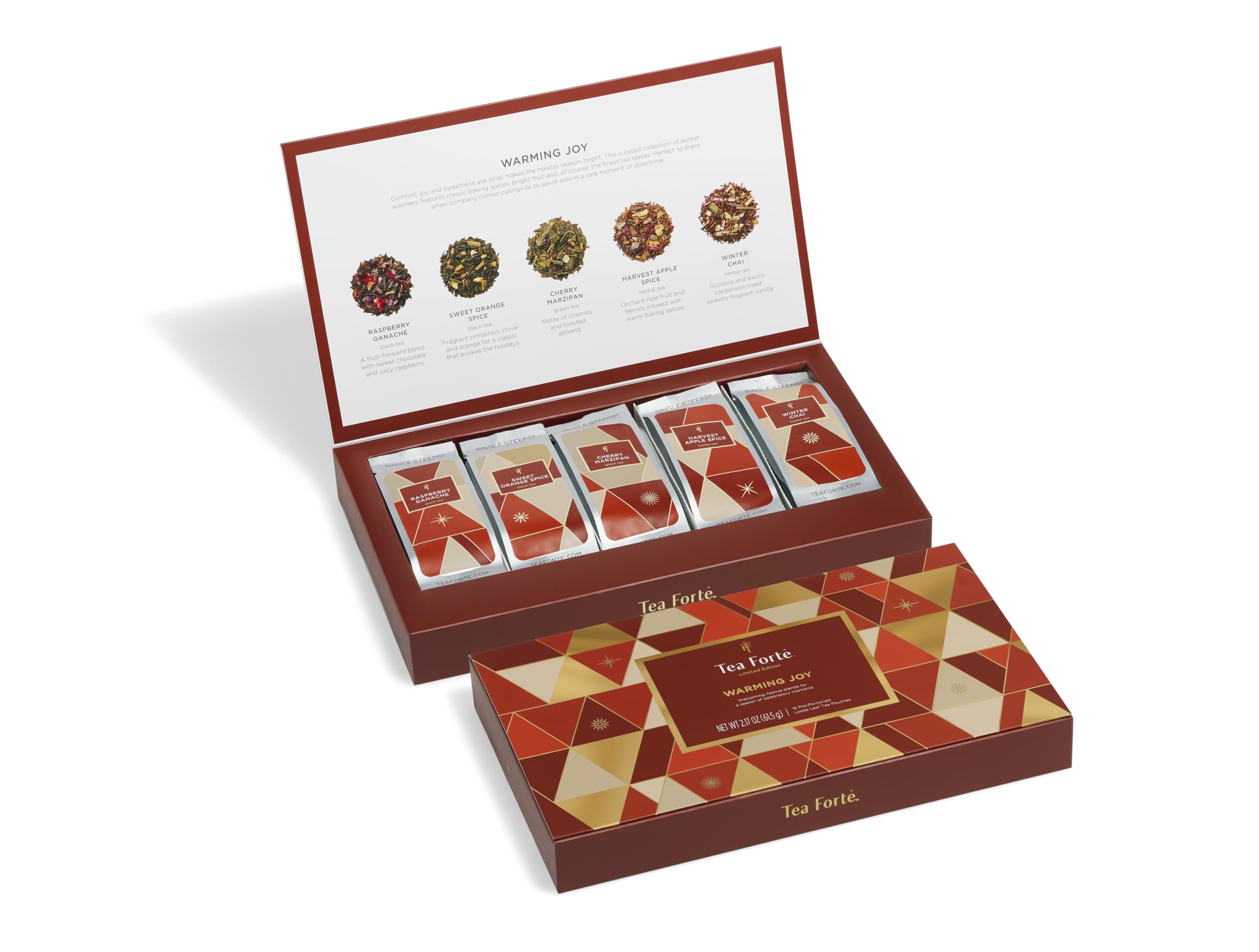 Tea Forte, Single Steeps Loose Leaf Warming Joy Chest Tea Sampler, Assorted Variety Tea Box, Monodose, 15 pezzi
