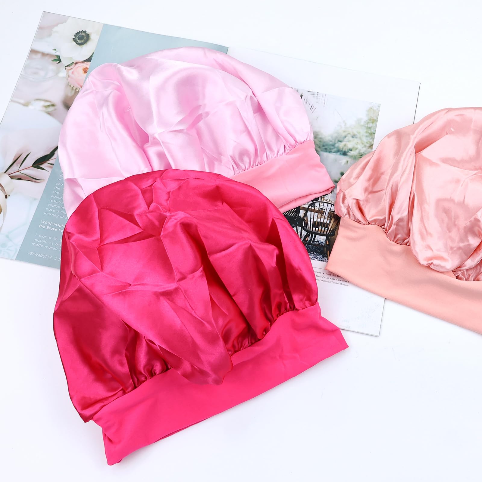 Lawie Paquete de 8 gorros de ducha sedosos con forro de satén, protector de pelo largo rizado, para noche, grande, ajustable, banda ancha, sombreros para dormir, envolturas para el cabello para