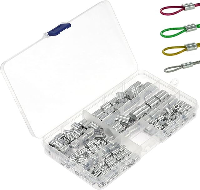 230 PCS Wire Rope Crimping Loop Sleeves, Aluminum Sleeves Clips, 6 Sizes of Wire Rope Double Hole Aluminum Sleeves