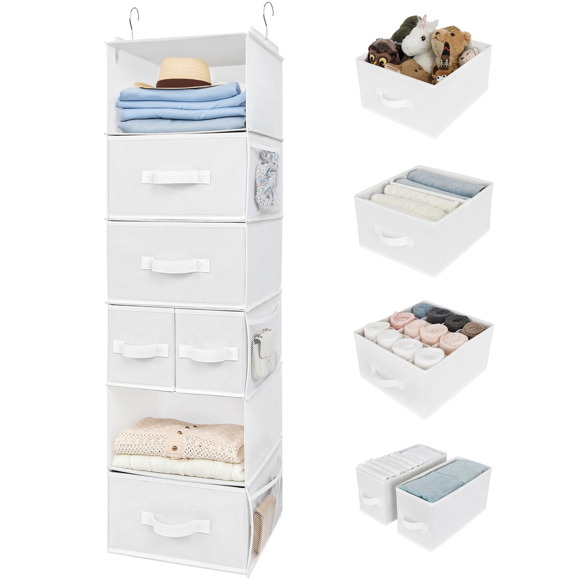 GRANNY SAYS Hanging Closet Organizer and Storage, 6 Shelf Clothes Organization with Drawers, 6 Side Pockets Closet Hanging Shelves for Bras, Socks,