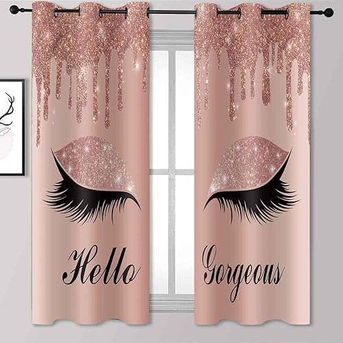 Miniatura 4 de BSPPTI Hello Gorgeous - Cortina con estampado de pestañas de unicornio, goteos de oro rosa (sin purpurina sin lentejuelas), cortinas de ventana con