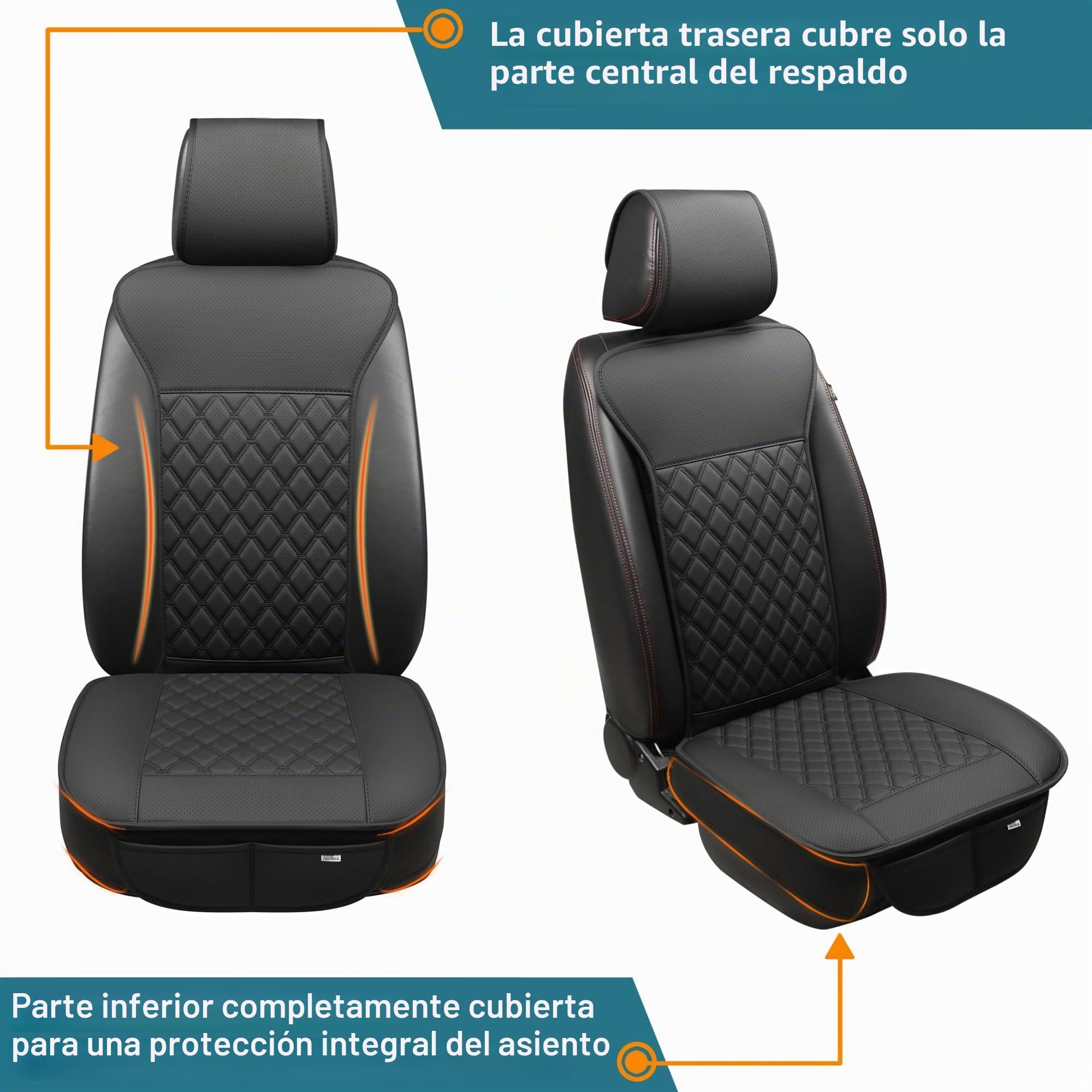 Black Panther Pack de 2 Fundas de Asiento Delantero con Fundas para Reposacabezas – Cuero PU, Acolchado de Rombos, Ajuste Universal | Protección Total de la Base | Instalación Fácil (Negro)