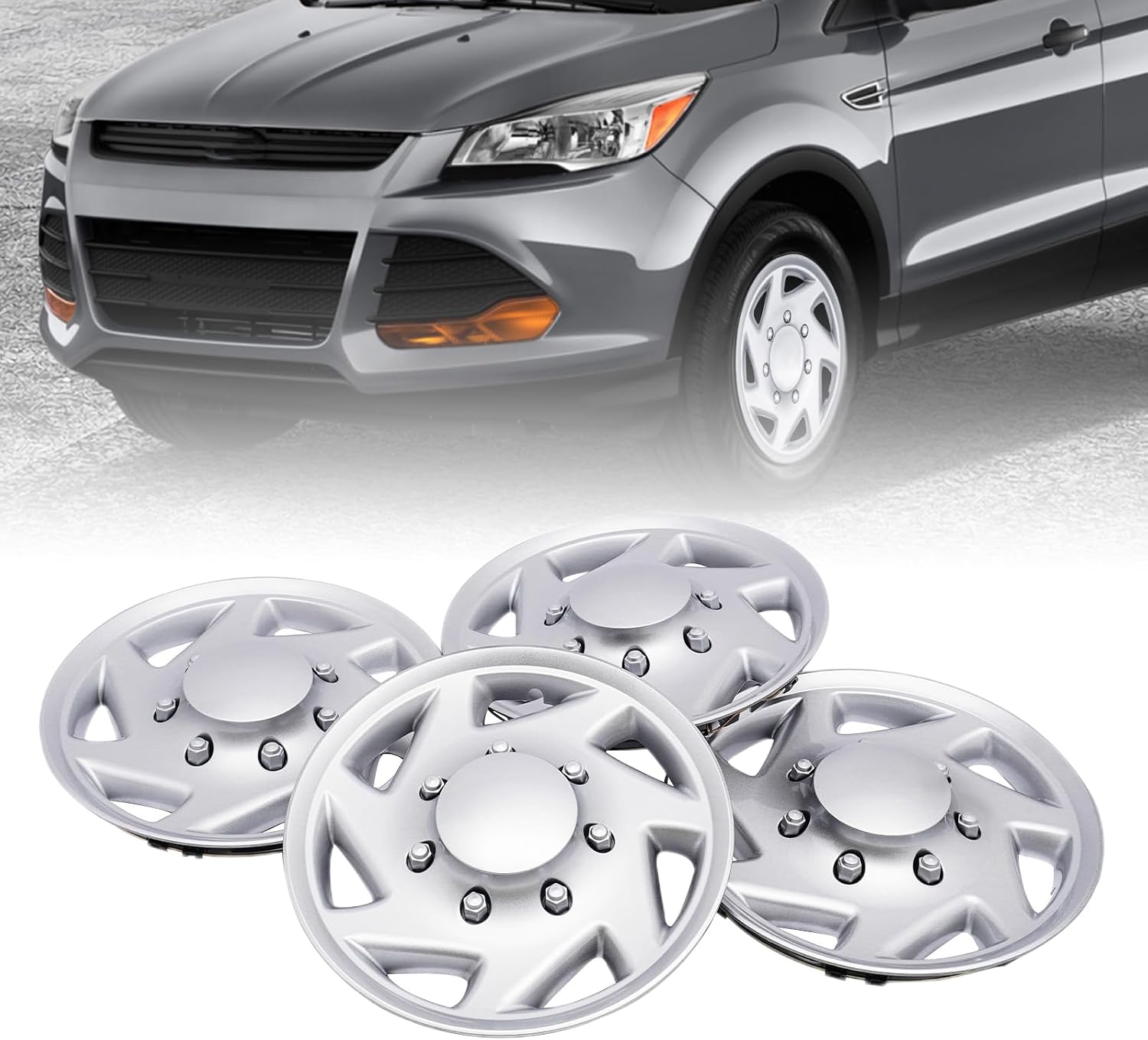 16" Hub Caps for 1999-2018 Ford Econoline E250 E350 E450 4Pcs Full Wheel Covers Rim Simulators 8 Lug Replacement (Silver)