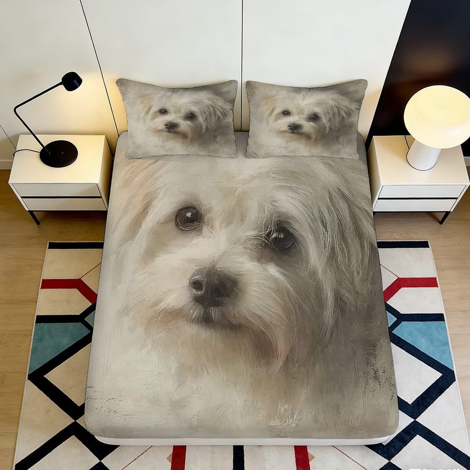 3D Printed White Fluffy Dog Fitted Sheet Microfiber Soft Washable Puppy Bed Cover for Bedroom Guest Room Decor 90x200x25cm