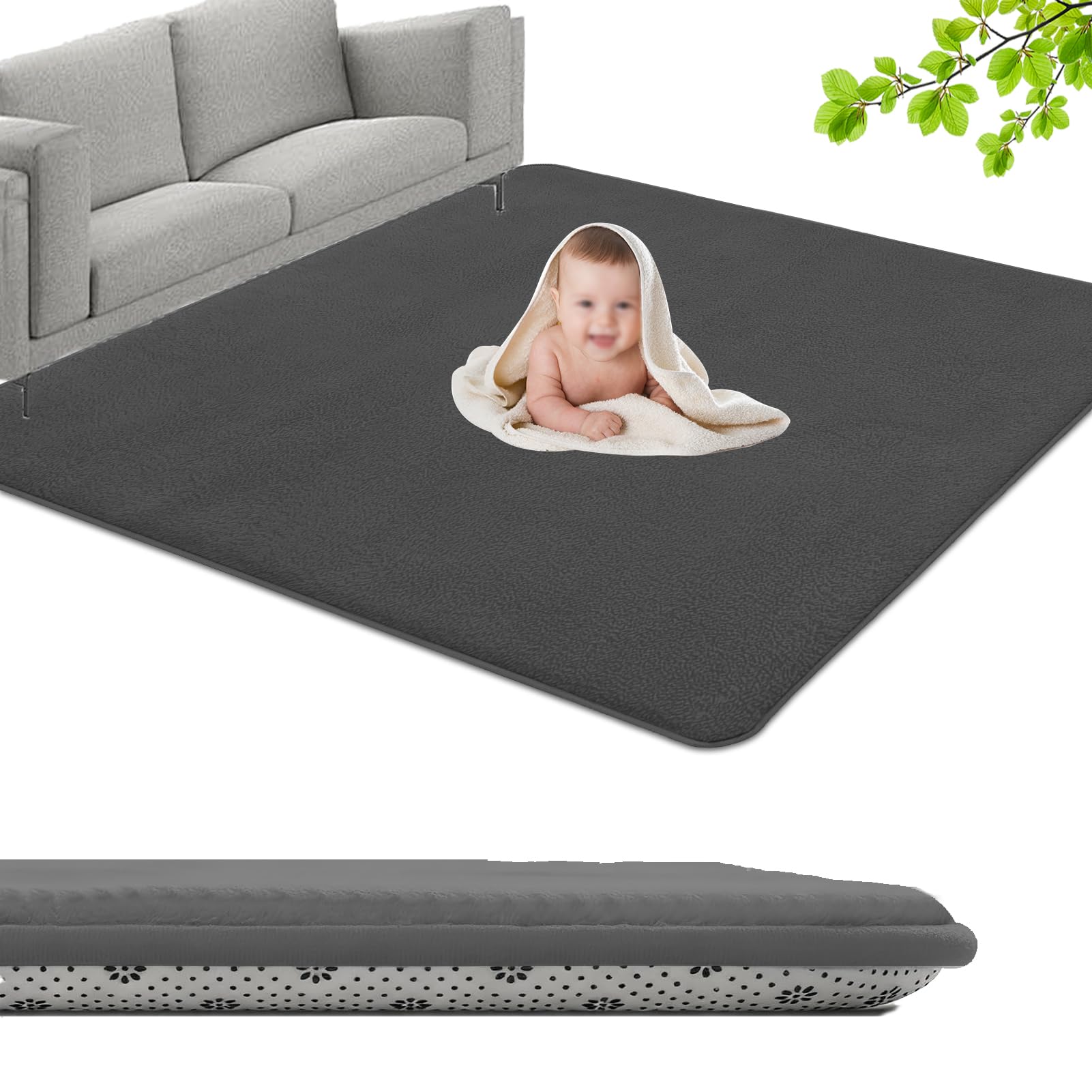 GmyoieqI Large Coral Velvet Baby Play Mat, 3CM Memory Foam Area Rug 140 x 160 cm Children's play mat Soft Play & Tummy Time, Playmat for Floor with Non-Slip Backing Crawling, Easy Care Rug Dark Grey — image 1