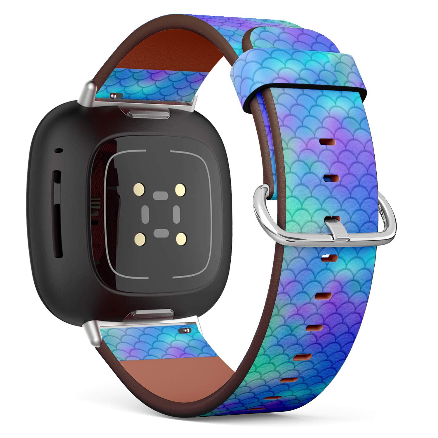 Replacement Leather Watch Band, Compatible with Fitbit Versa 3/4 and Fitbit Sense/Sense 2 - Blue Gradient Mermaid Scale Pattern