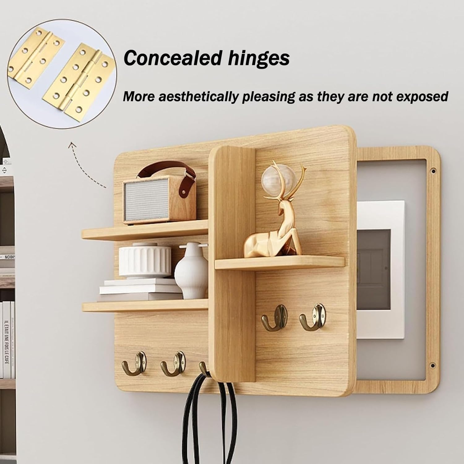 Hidden Breaker Boxes Decorative Cover Painting, Wooden Fuse Box Covers with Shelves and Hooks, Wall Mounted Circuit Breaker Panel, for Living Room, Bedroom, Office(Green,45x35cm/17.7x13.8in)