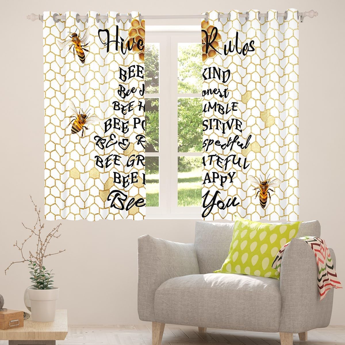 Erosebridal Honeycomb Window Curtains 84"X84" Boys Girls Bee Kind Bee Honest Curtains Beehive Hexagon Geometric Window Treatment Honeybee Bees Funny Hive Rules Draperies Chic Creative Bee Themed Gifts