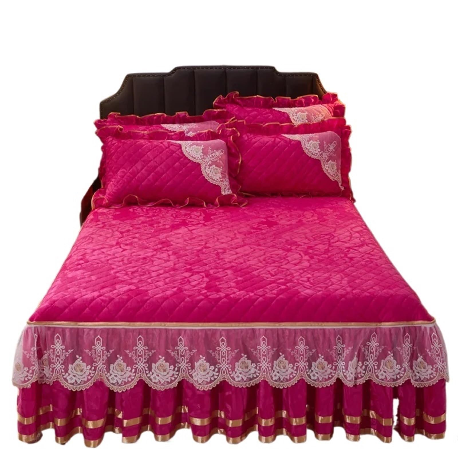Winter Coral Fleece Zipper Removable Bedspread King Queen Thicken Velvet Quilted Bed Skirt Not Including Pillowcase(Rose Red,1pc Skirt 180x200cm)