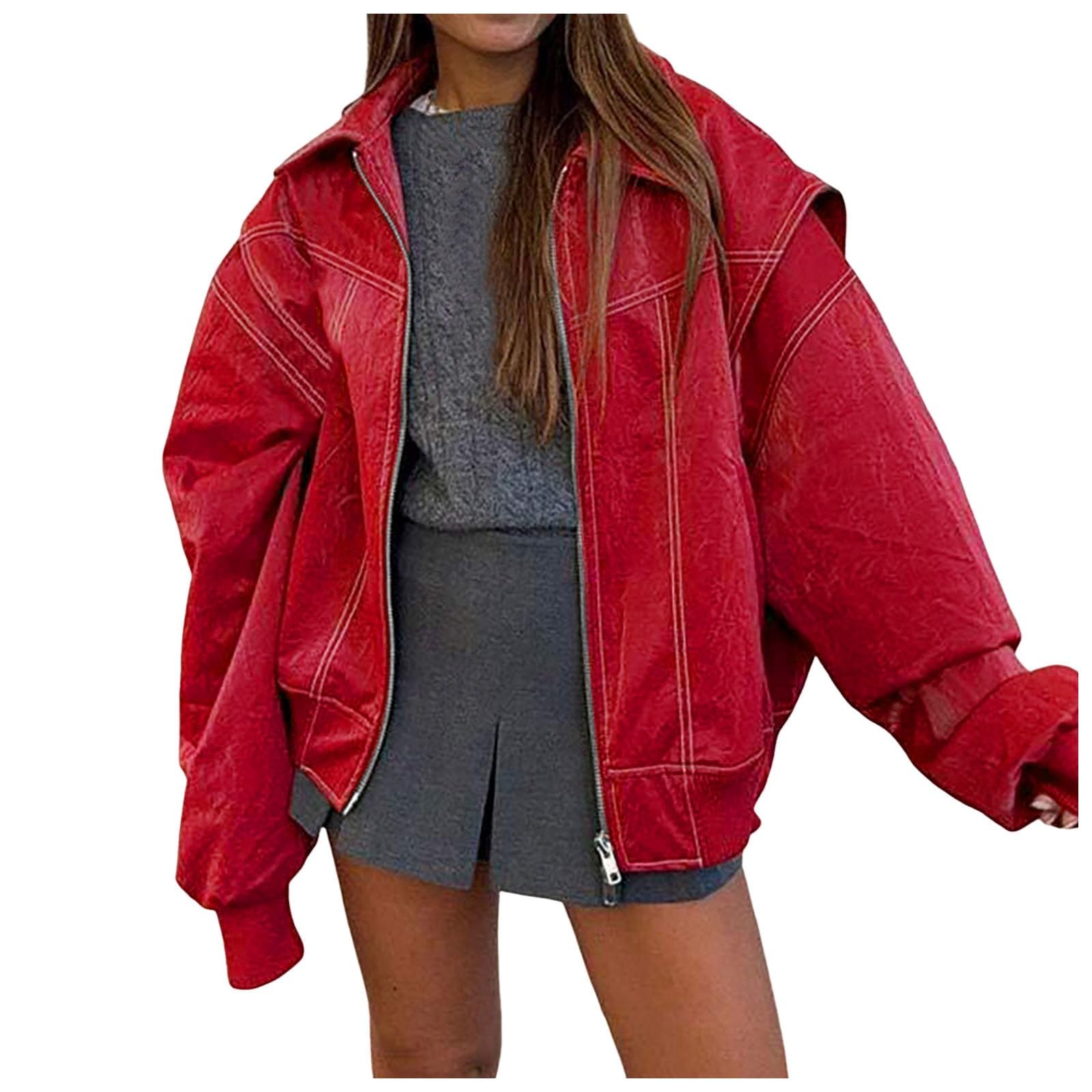 Veste Cuir Femme à Revers, Manteau Zippé-Blouson Moto Femme Manches Longues De Couleur Unie DéContractées Mode Vestes Automne Et Hiver D'ExtéRieur Coupe Ample Chic Et Elegant Pas Cher Manteaux