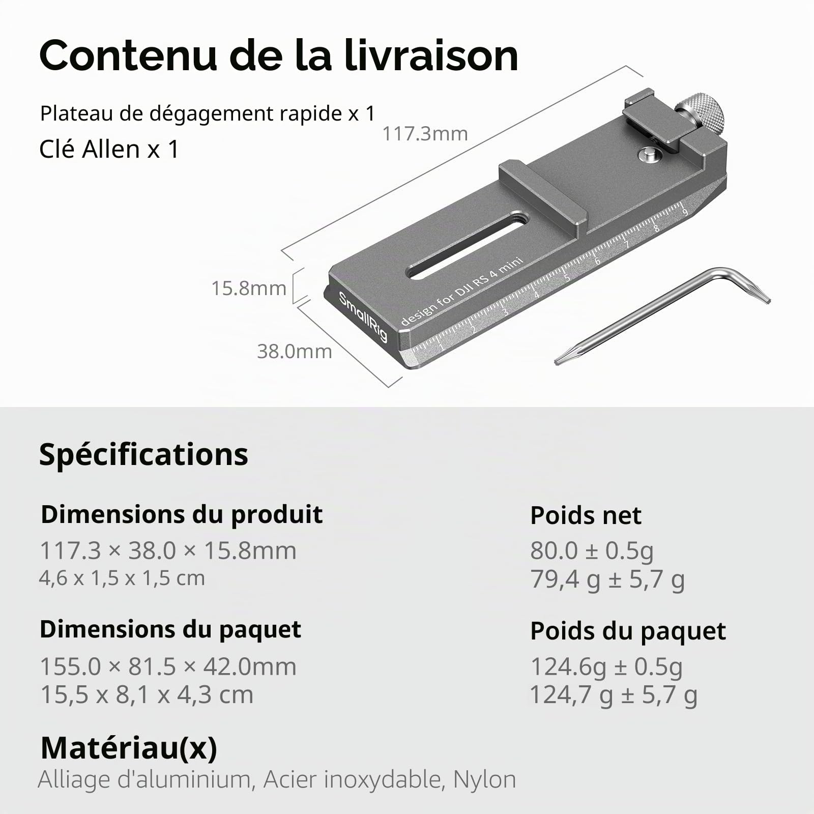 SMALLRIG Adaptateur de plaque à dégagement rapide de 11,7 cm pour Arca-Swiss pour DJI RS 4 Mini Gimbal, design anti-chute et montage rapide - 5336