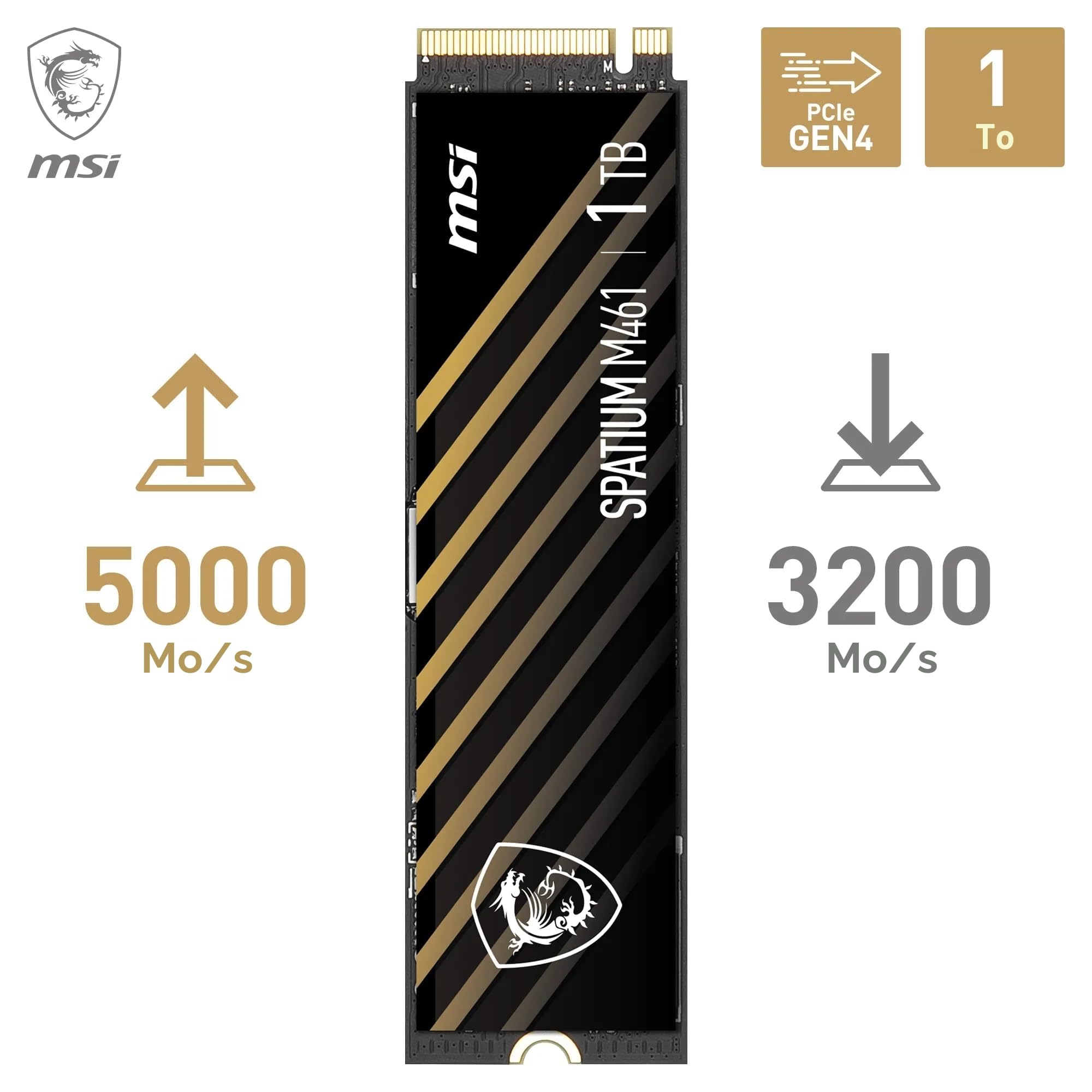 MSI SPATIUM M461 PCIe 4.0 NVMe M.2 1TB - Disque SSD Interne 1 to, PCIe 4.0 NVMe M.2, Lecture 5000 MB/s & Écriture 3200 MB/s, 3D NAND, Sécurité des Données Intégrée, Center, 250 TBW, Garantie 5 Ans