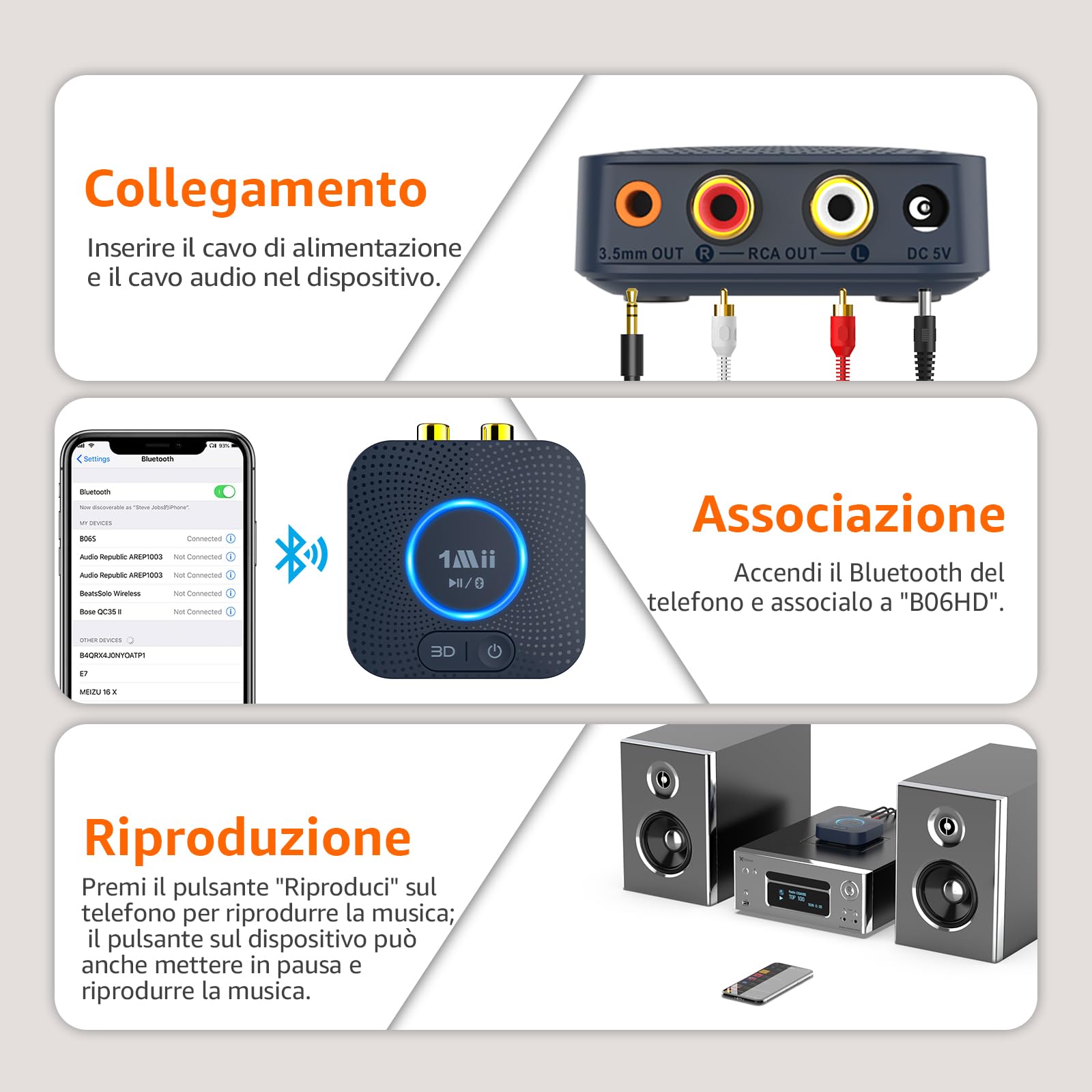 1Mii B06HD Ricevitore Audio Bluetooth 5.3, Adattatore Bluetooth per Sistema Stereo HiFi Domestico, con Audio Surround 3D a Bassa Latenza aptX HD, 15 Ore di Riproduzione, Jack AUX RCA da 3.5mm